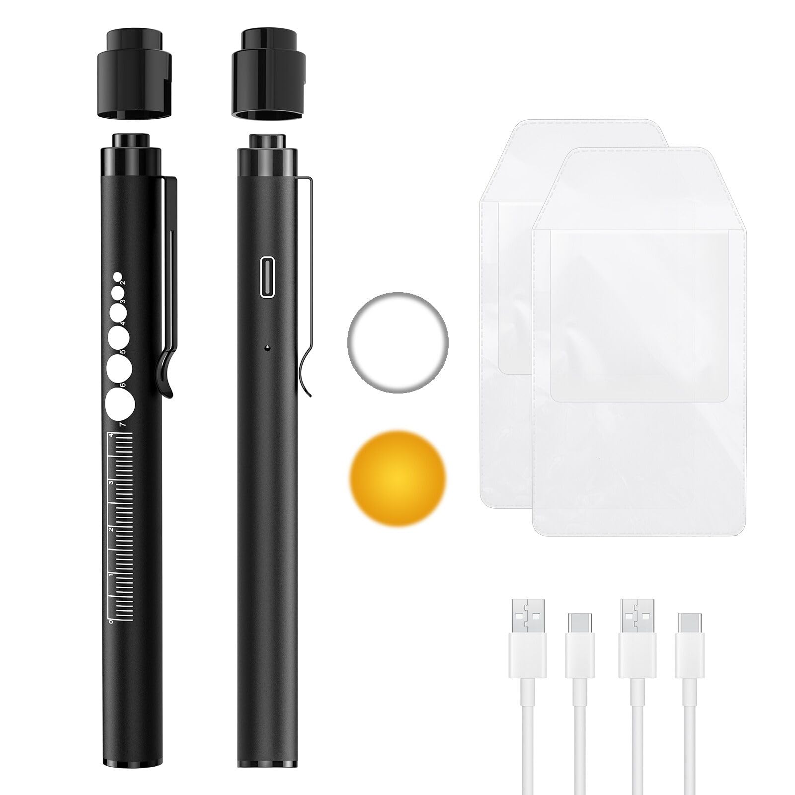 Cosoos 2 Rechargeable Pen Lights With Pupil Gauge, Ruler & 2 Pocket Protectors, Led Penlights For Nurse Doctor, Warm/White Light, Usb-C Rechargeable Penlight Flashlight For Nursing Student