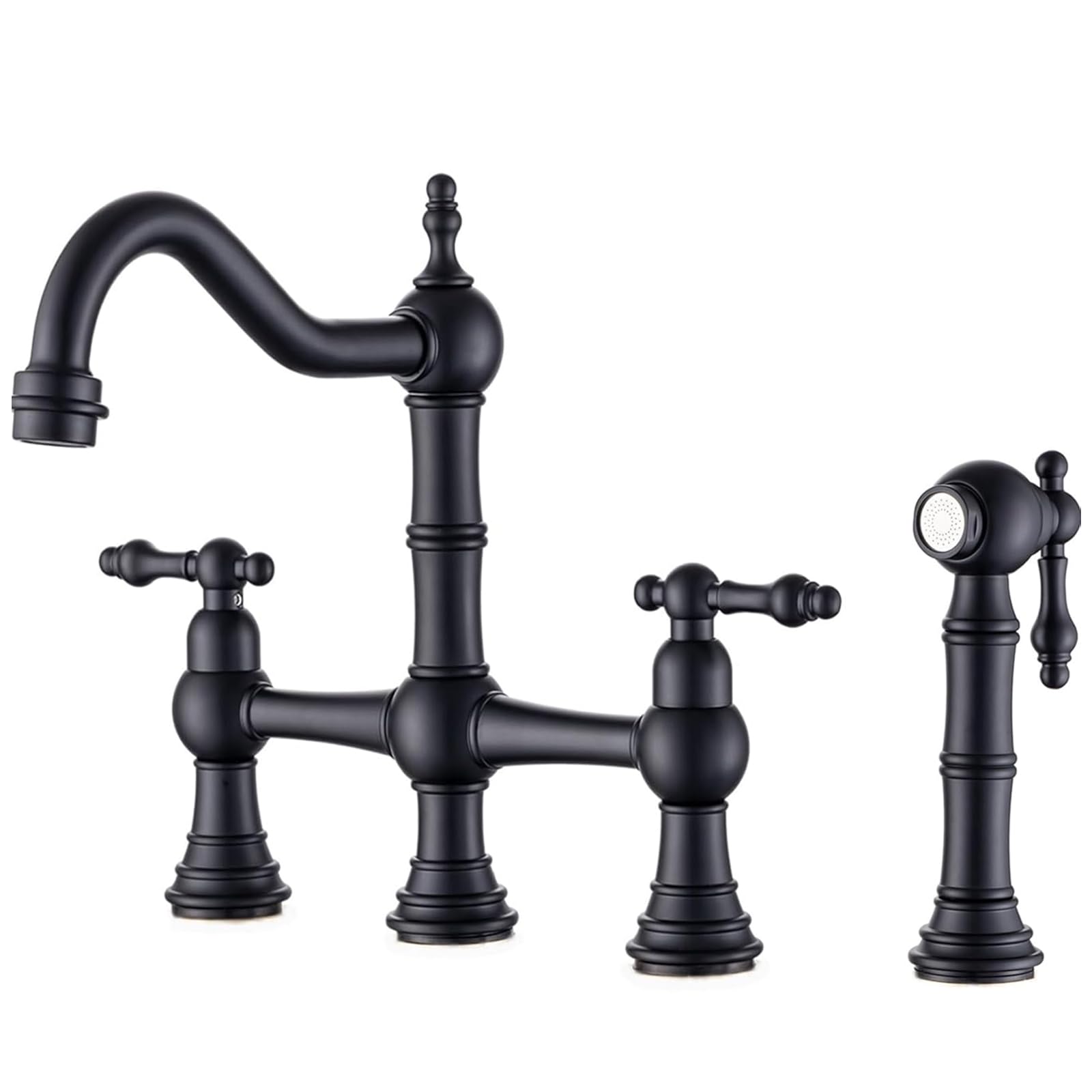 Ekrte Black Bridge Kitchen Faucet With Side Sprayer,2-Handle Bridge Faucet For Kitchen Sink, Matte Black Cassical Kitchen Faucet,Pull Out Centerset Bridge Sink Faucet