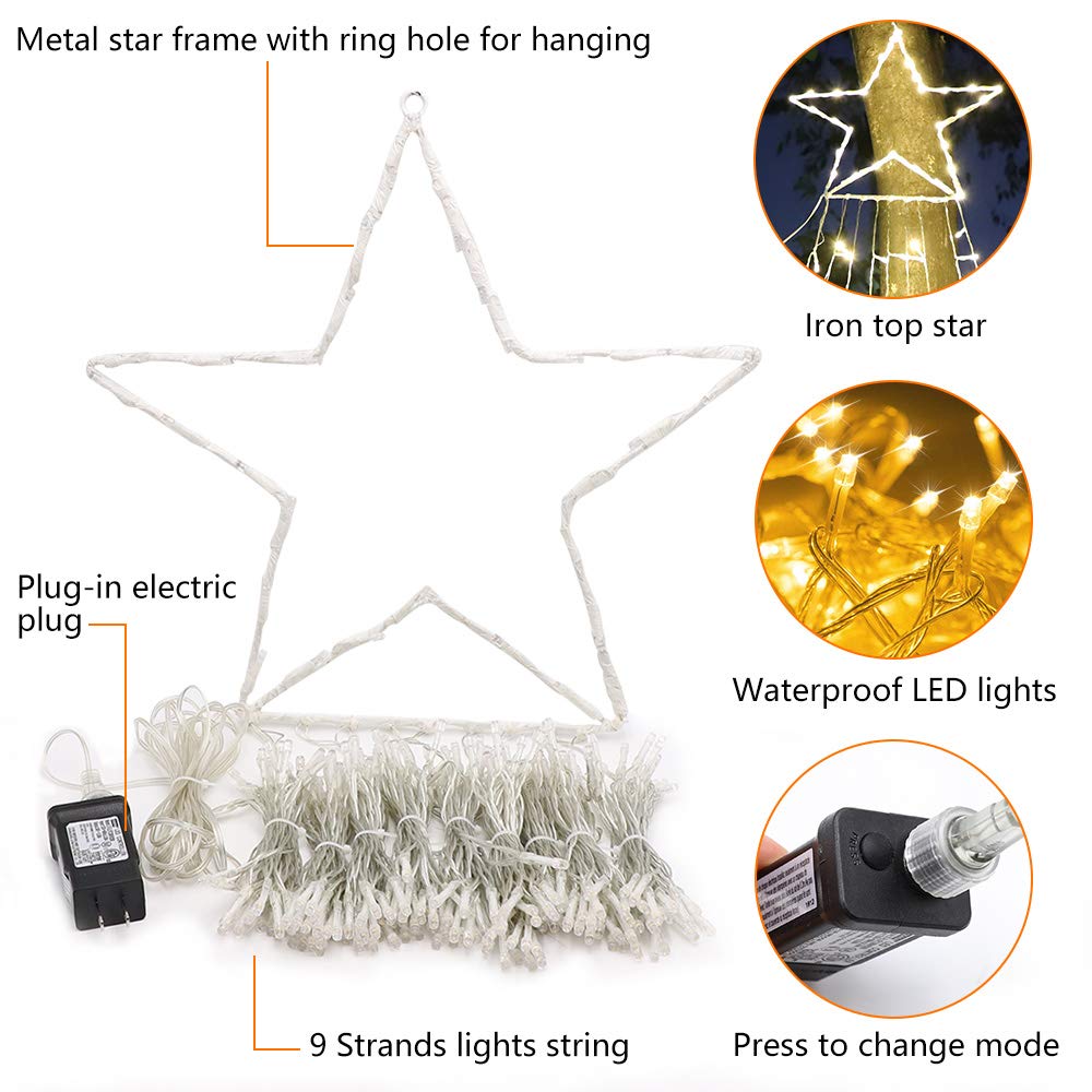 Funiao Christmas Decoration Lights, 320 Led Waterfall Christmas Tree Lights With 12" Star Topper, 8 Modes Indoor Outdoor String Lights For Yard, Party, Home, Holiday (Warm White)