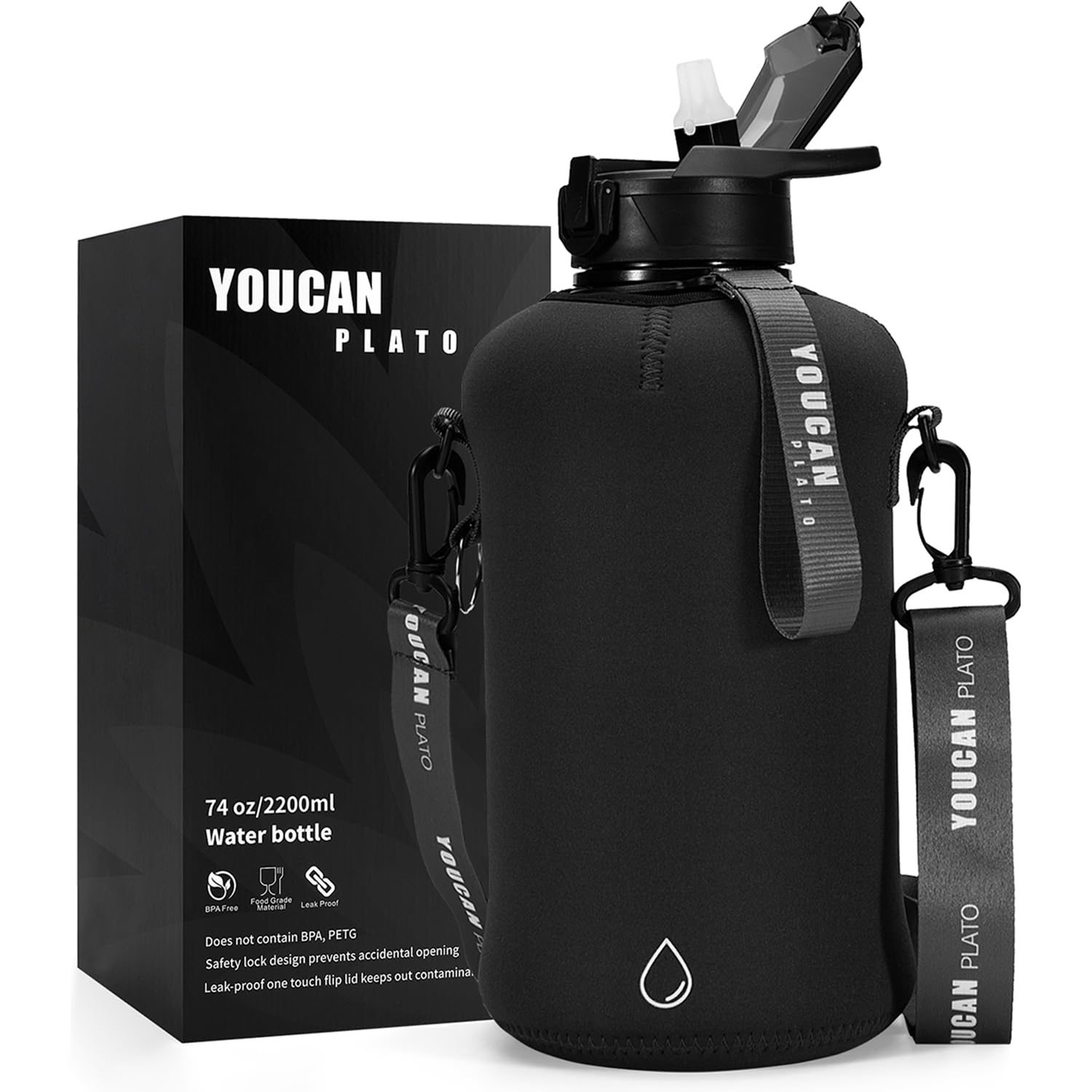 Youcan Plato 74 Oz Half Gallon Water Bottle With Sleeve-Large Water Bottle -Big Gym Water Bottle