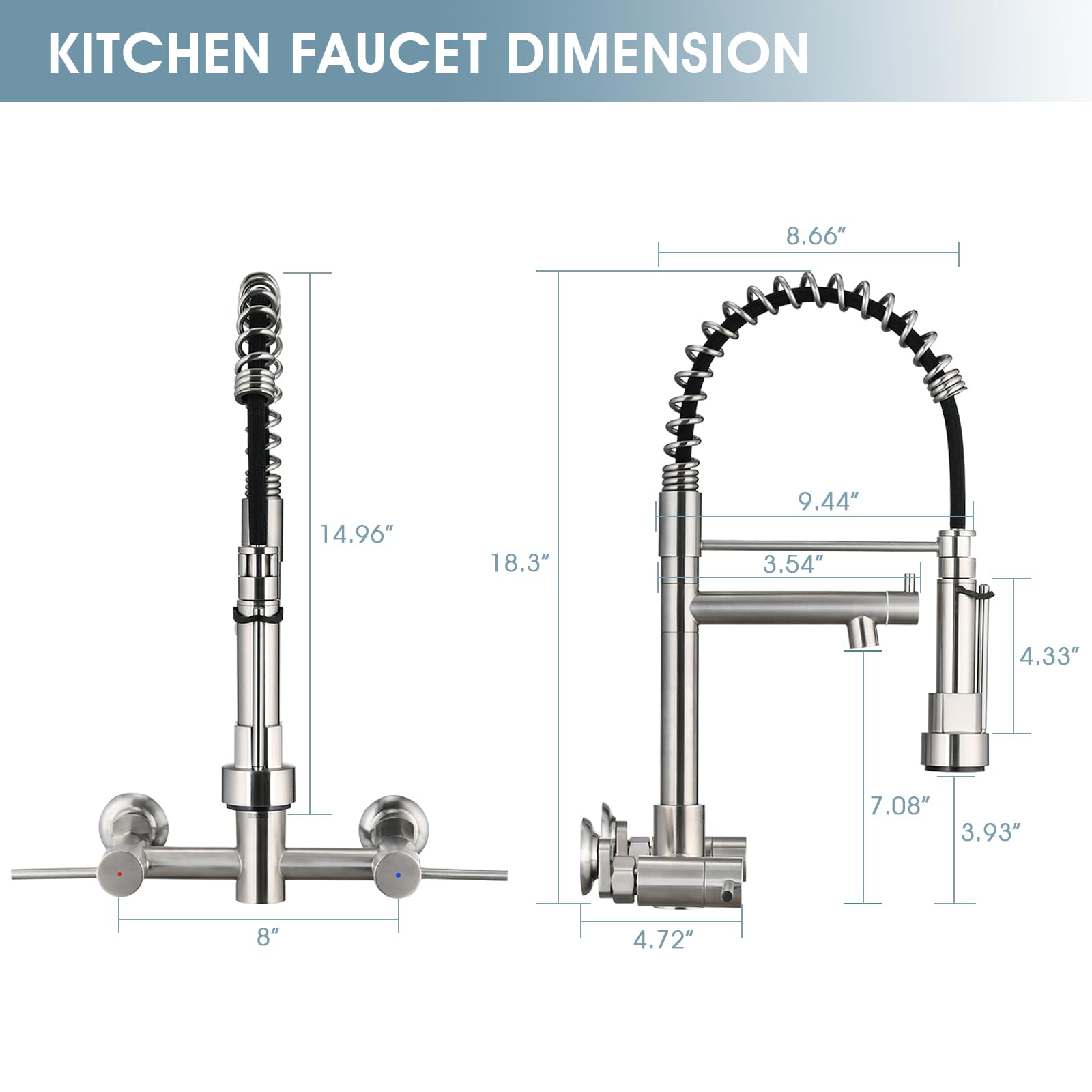 Demiinus Wall Mount Kitchen Faucet With Pull Down Sprayer, 8 Inch Center Commercial High Arc Kitchen Sink Faucet, 2 Handle Wall Mount Faucet For Kitchen Sink, Brushed Nickel