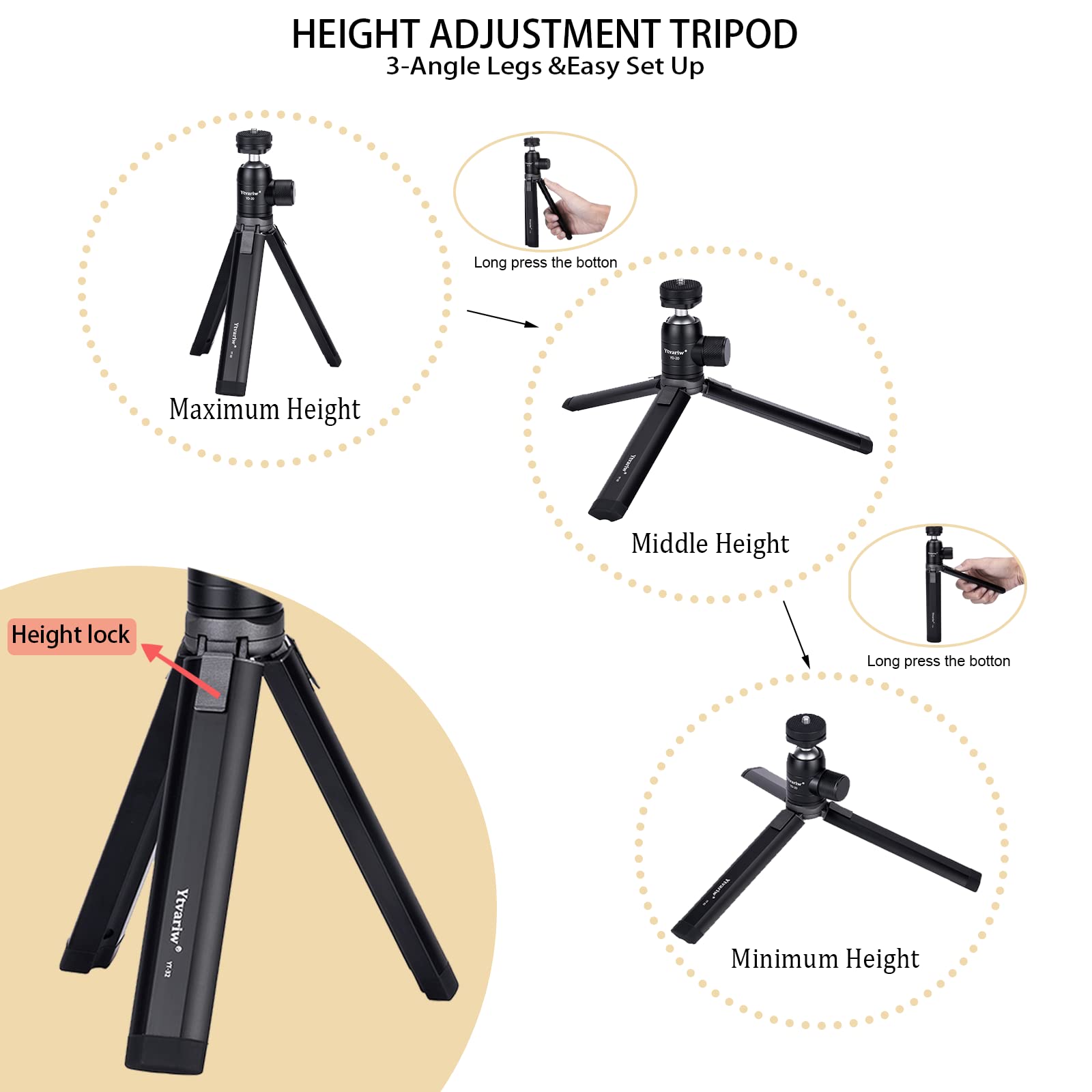Ytvariw Mini Camera Tripod With Phone Holder,Aluminum Alloy Desktop Tripod Stand Lightweight Portabletripod 360° Ball Head Cold Shoe For Dslr, Webcam,Cell Phone