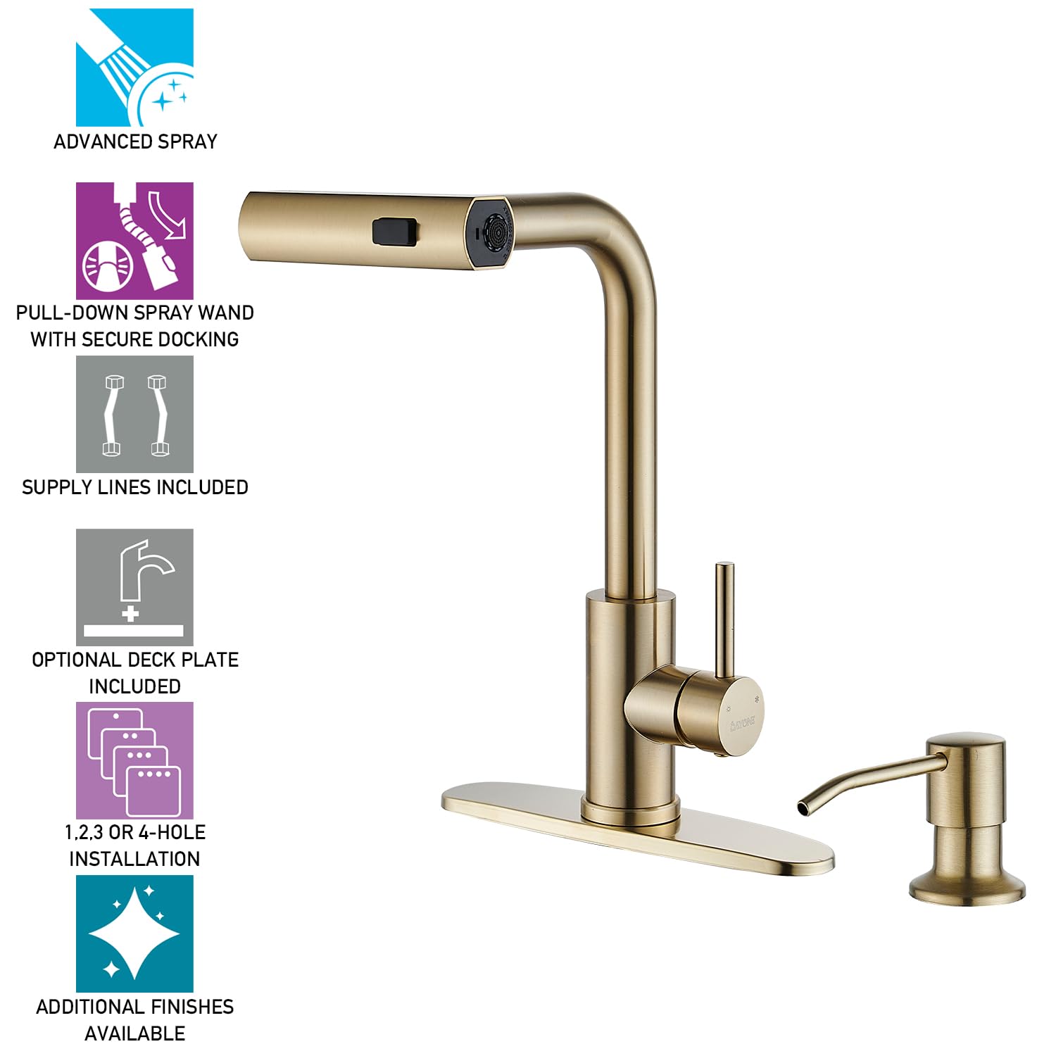 Zoriou Kitchen Faucets With Pull Down Sprayer, Brushed Gold Waterfall Kitchen Sink Faucet With Soap Dispenser, Single Hole Stainless Steel Kitchen Faucet, Modern Single Handle Pull Out Kitchen Faucet