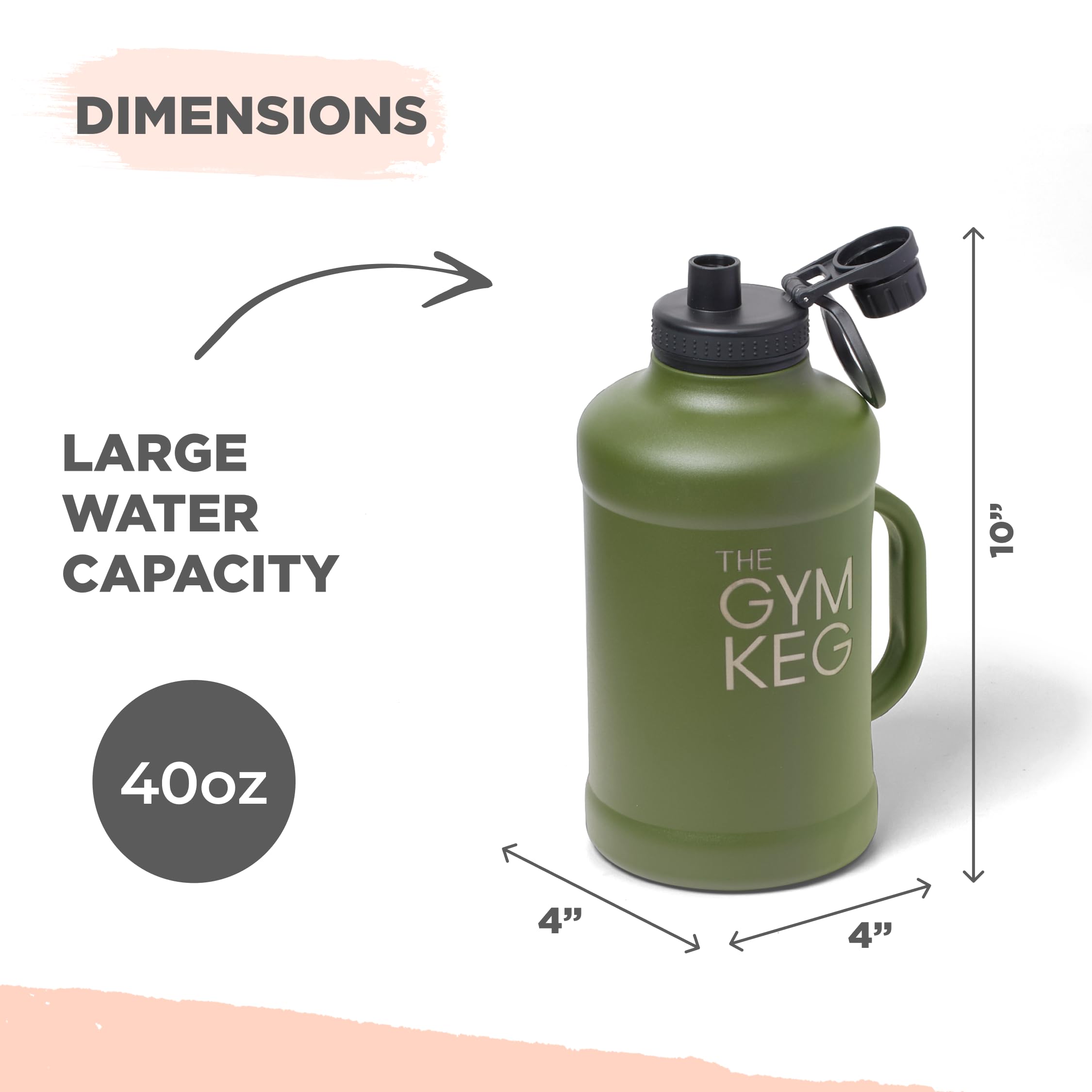Gym Keg Insulated Water Bottle - 40Oz With Handle And Lid- Big Metal Water Bottle - Easy To Clean