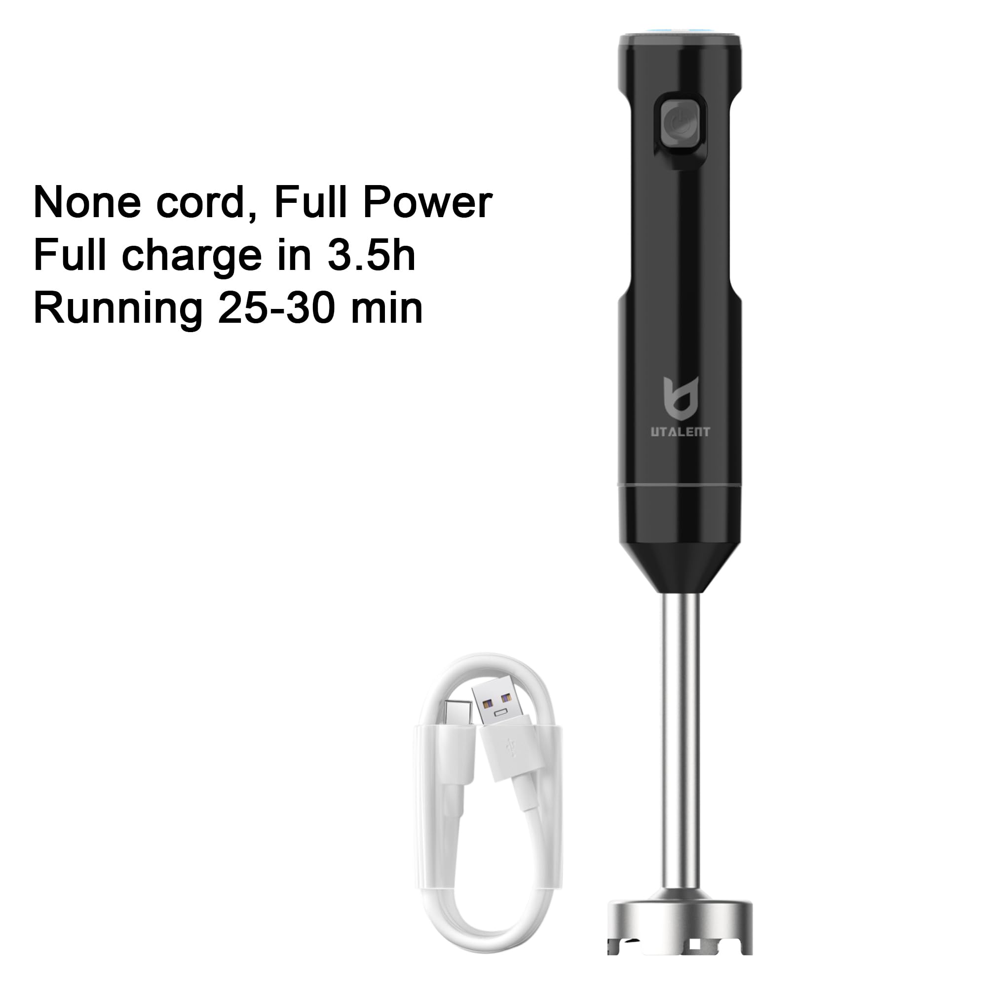 Utalent Cordless Hand Blender, Variable Speed Immersion Blender Rechargeable, With 500Ml Chopper, 600Ml Container, Egg Whisk, For Smoothies, Baby Food And Soups – Black