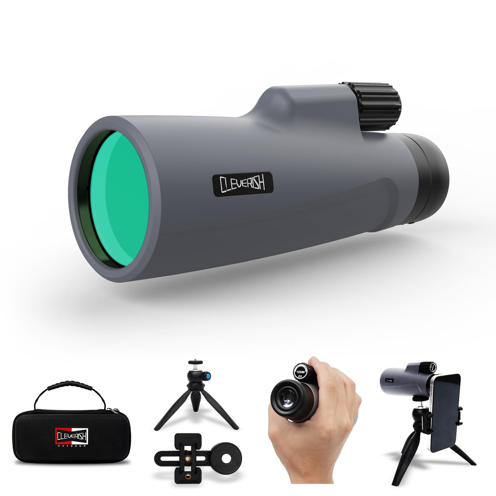Cleverish 12X56 High Power Monoculars For Adluts, Tripod Travel Bag With Smartphone Adapter, Bak-4 Prism, Ultra Clear Fmc Lens For Bird Watching, Hunting, Traveling, Hiking.Designed In United States