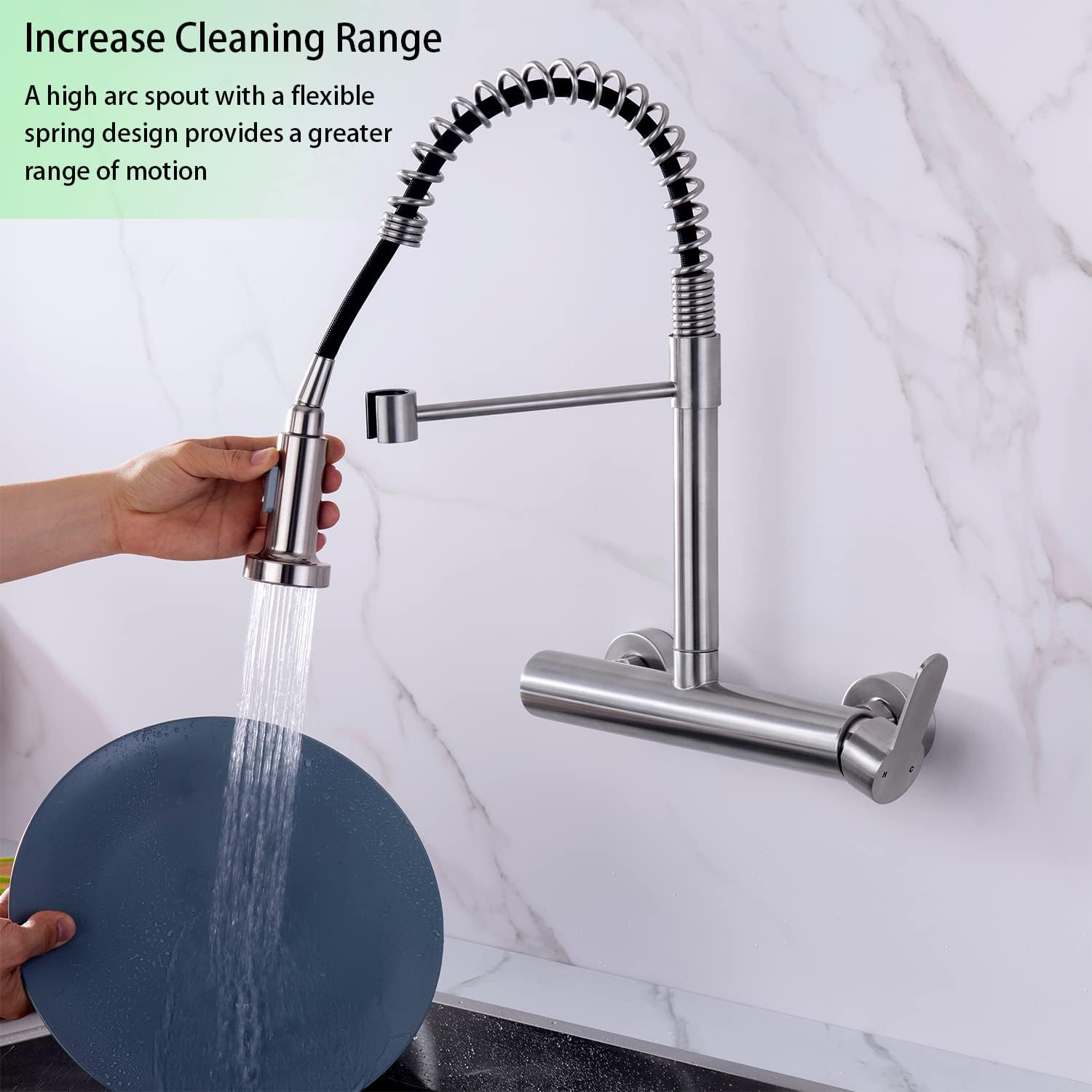 Flwueue Wall Mount Faucet 8 Inches Center, With Pull Down Sprayer, High Arc Single Handle Spring Kitchen Sink Faucet, Grifos De Cocina, Brushed Nickel