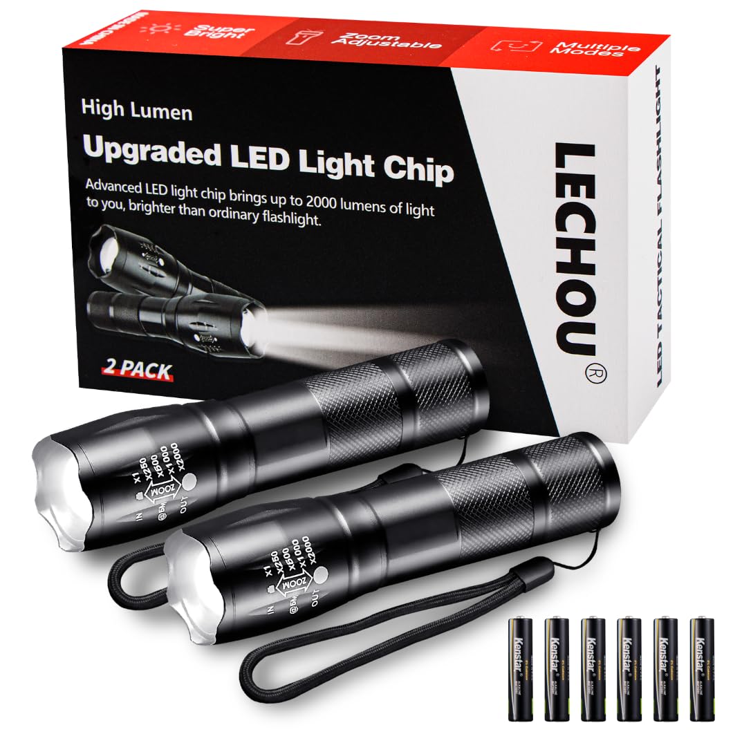 Lechou Tactical Flashlight Sc1010, 2000 Lumens Handheld Flash Lights, 5 Modes, Zoomable, High Power, Waterproof For Outdoor Camping Hiking, Led Flashlights For  Survival Emergency (2 Pack)