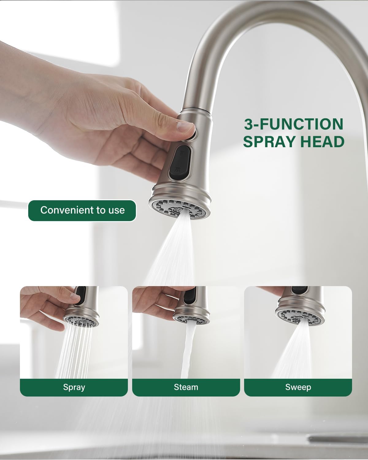 Greenspring Brushed Nickel Kitchen Sink Faucet With Pull Down Sprayer Modern Faucet For Kitchen Sink High Arc Single Handle Kitchen Sink Faucets For 1 Or 3 Hole Sink, Brass Pull Out Kitchen Faucet