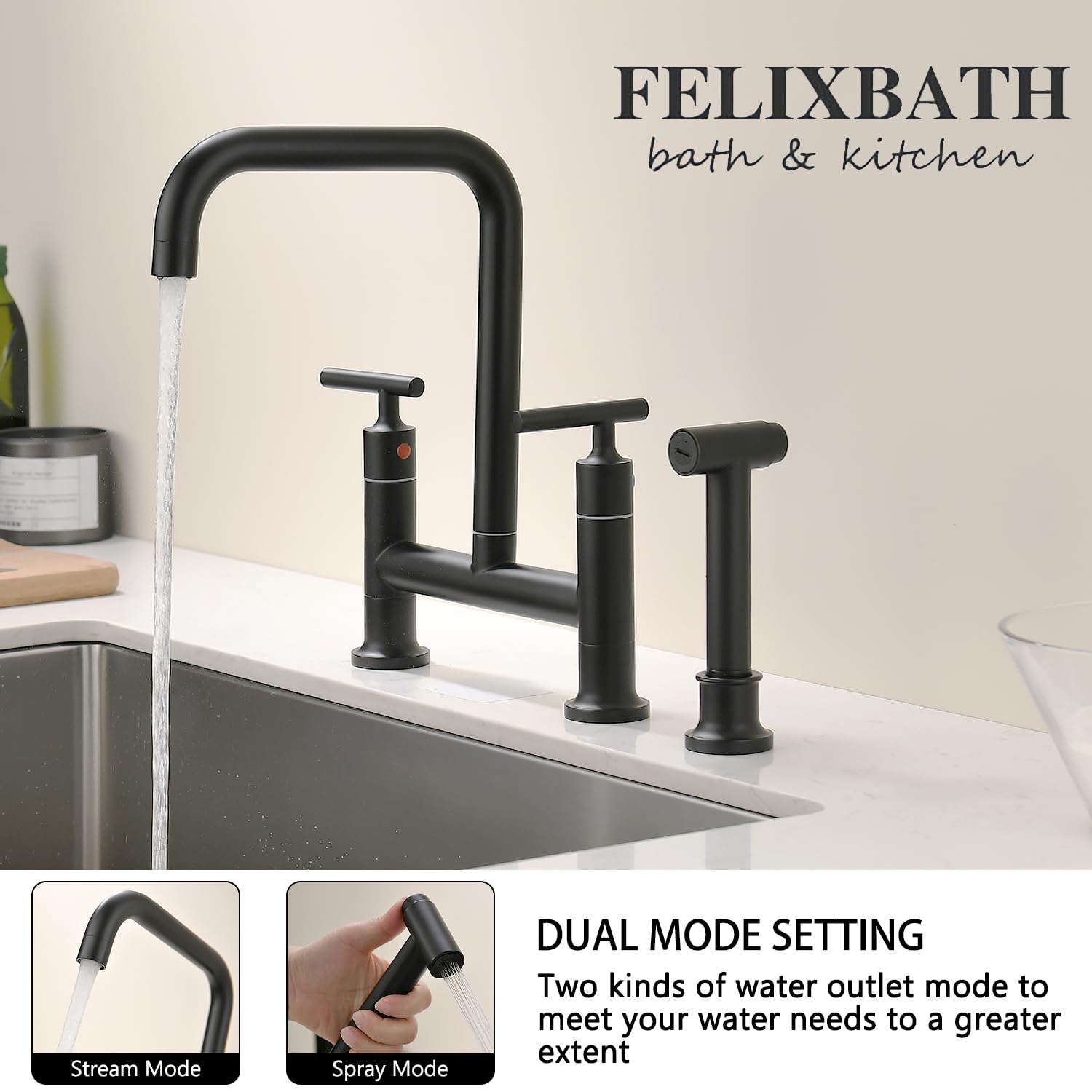 Felixbath Kitchen Bridge Faucet With Side Sprayer, 2 Handles 3 Holes Brass Kitchen Faucet 8 Inch Deck Mount Kitchen Sink Faucet, Matte Black (Cp026B)