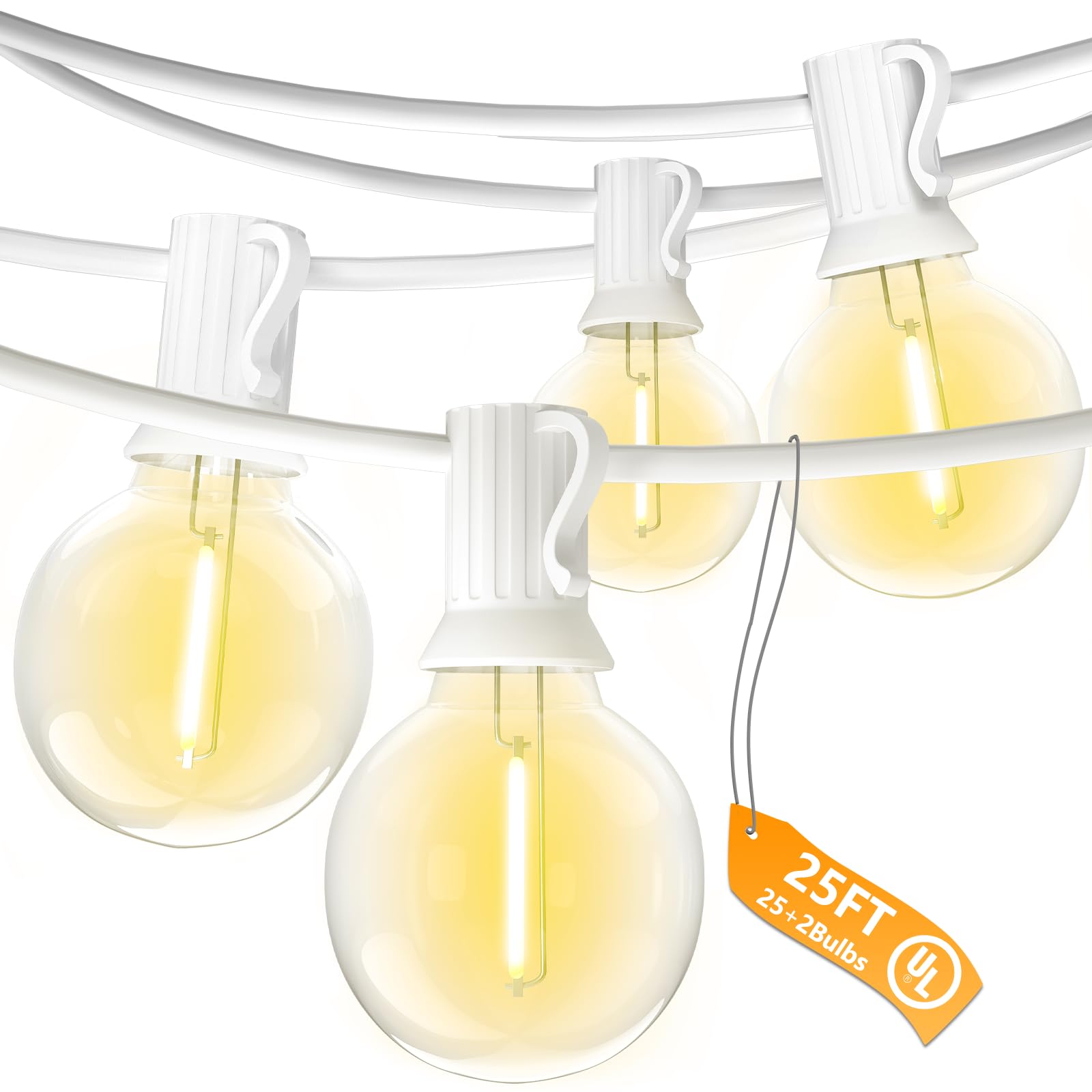 Sunsgne 25Ft G40 Led White Outdoor String Lights, White Patio Lights With 25 Shatterproof Led Clear Globe Bulbs For Patio Garden Porch Pergola Bistro Outside Decor