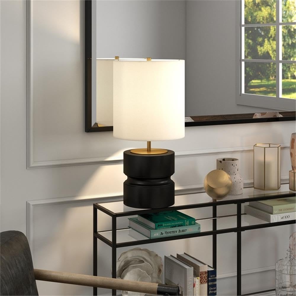 Henn&Hart 27" Tall Table Lamp With Fabric Shade In Matte Black/Brass, For Home, Living Room, Bedroom, Entertainment Room, Office, Kitchen, Dining
