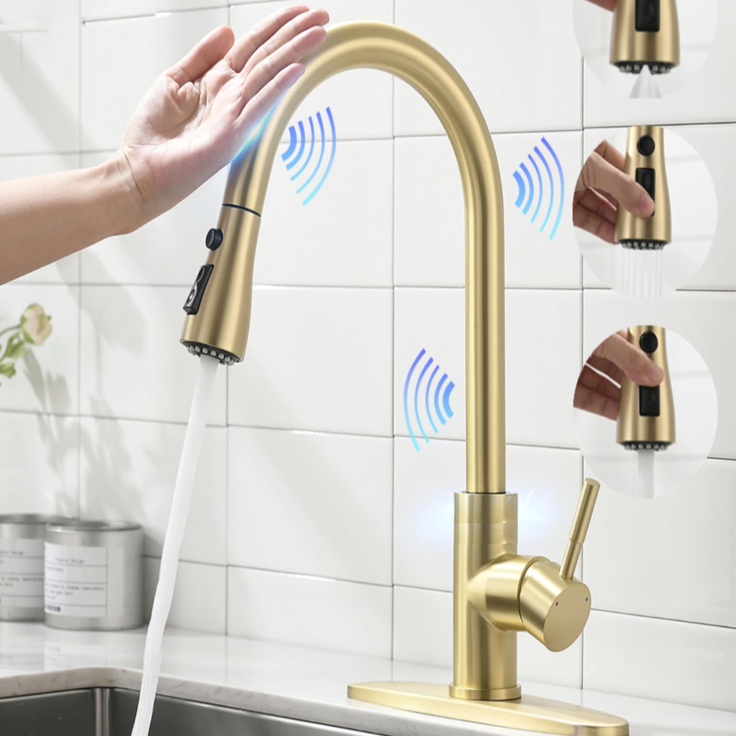 Videc Smart Kitchen Faucet, 3 Modes Pull Down Sprayer, Touch On Sensor Activated, Ceramic Disc Valve, 360-Degree Rotation, 1 Or 3 Hole Deck Plate. 20-Year . (Kw-69J, Brushed Gold)