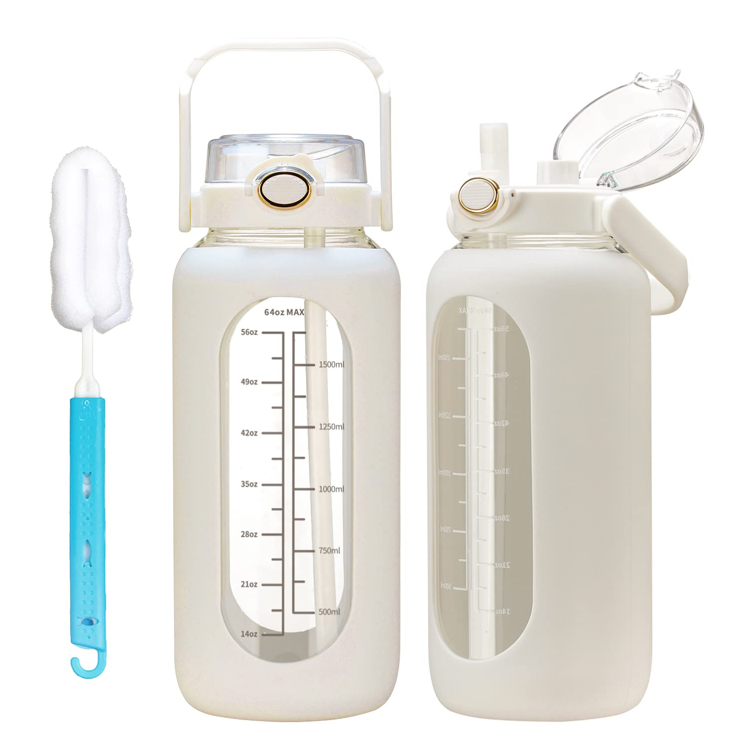 64Oz Glass Water Bolttles With Straw Half Gallon Large Motivational Water Bottle With Time Marker