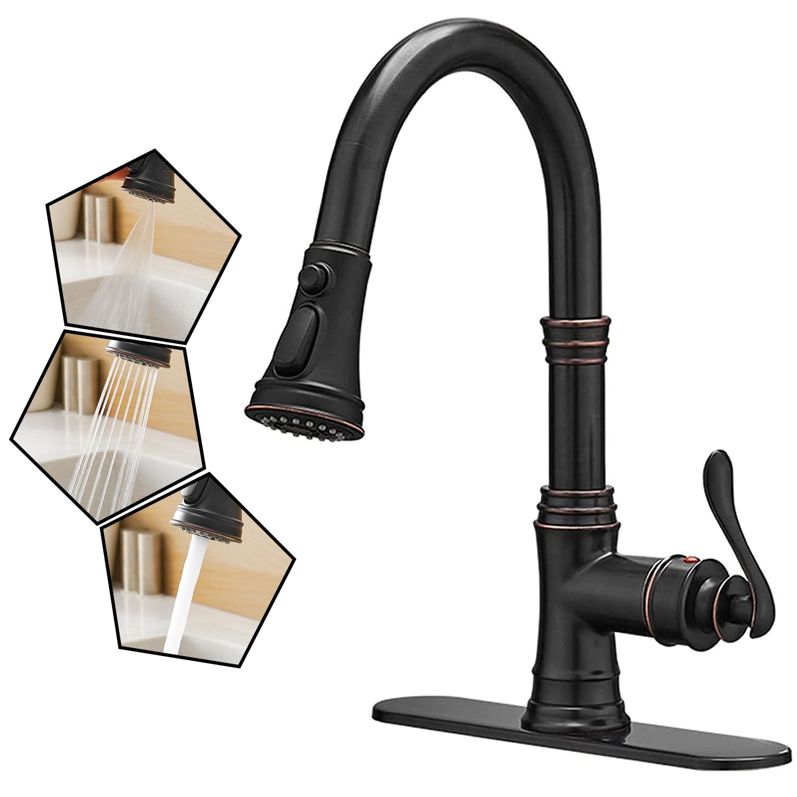 Bathlavish Bronze Kitchen Sink Faucet Oil Rubbed With Pull Down Sprayer Commercial Farmhouse Single Hole Single Handle With Hole Cover Plate Solid Brass