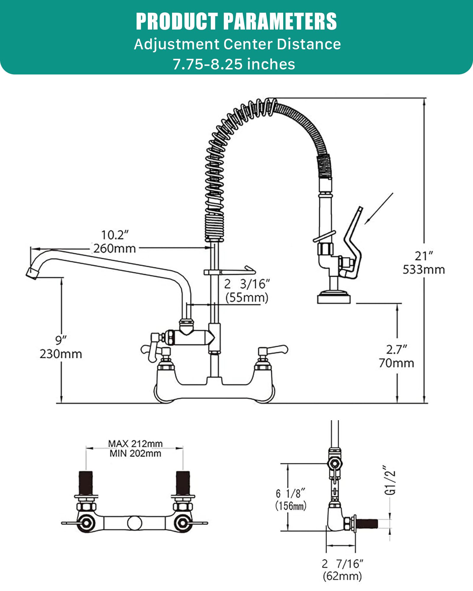 Bestjeef Commercial Wall Mount Kitchen Sink Faucet Brass Constructed Polished Chrome Pre-Rinse Device 25" Height 8" Center With Spring Pull Down Sprayer And 12" Add-On Spout (25 Inches)
