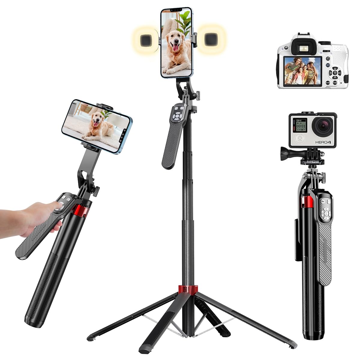 Konpcoiu Extendable Phone Tripod, 71"" Selfie Stick Vlog Tripod Stand Quadrapod With All In 1 Phone Clip, Travel Holder With Rechargeable Remote For Iphone Sony Canon Gopro