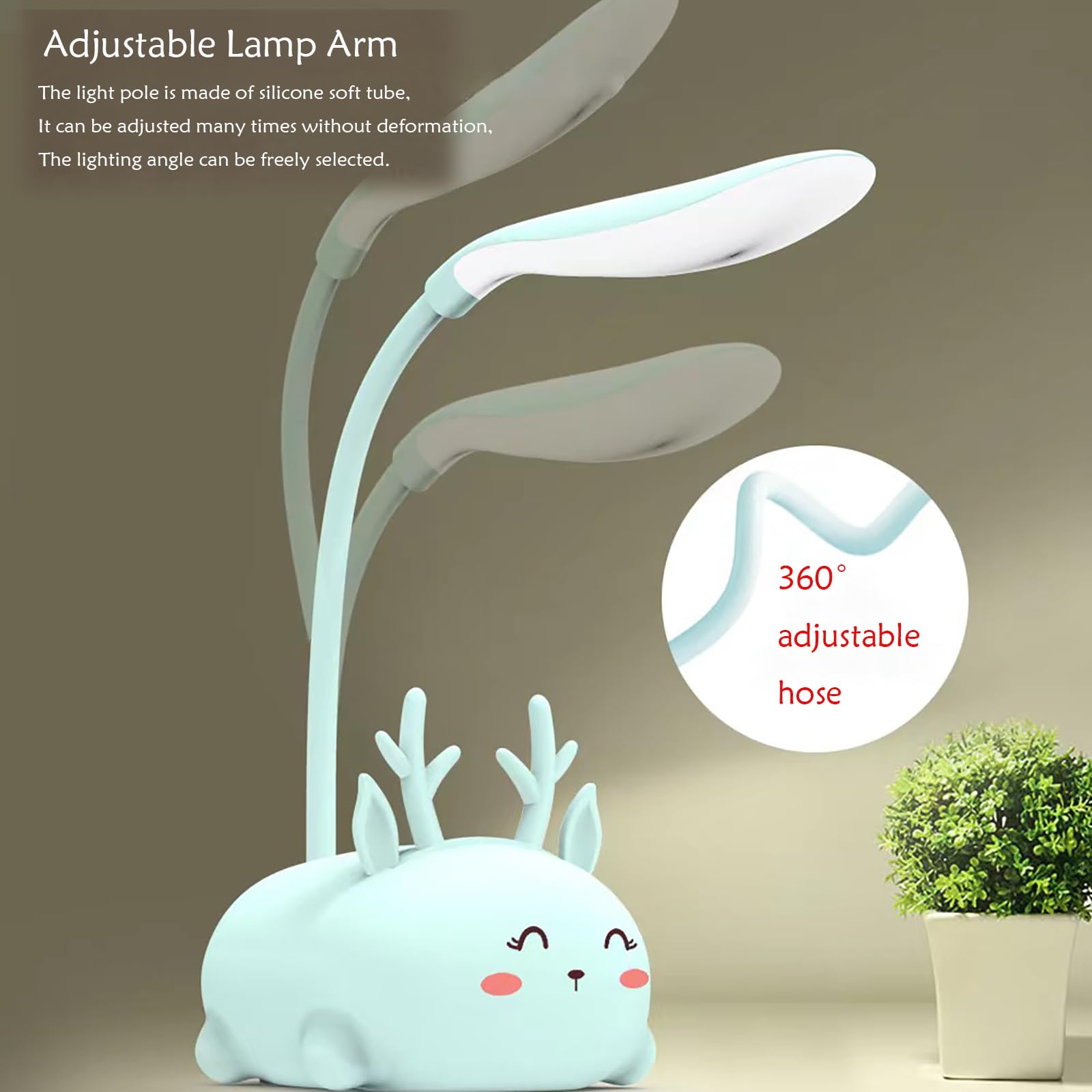 Neioaas Cute Elk Lamp Usb Rechargeable Reading Light,Led Desk Lamp For Kids, Portable Led Table Light, Flexible Gooseneck Eye-Care Cartoons Small Desk Lamp Girls (White)