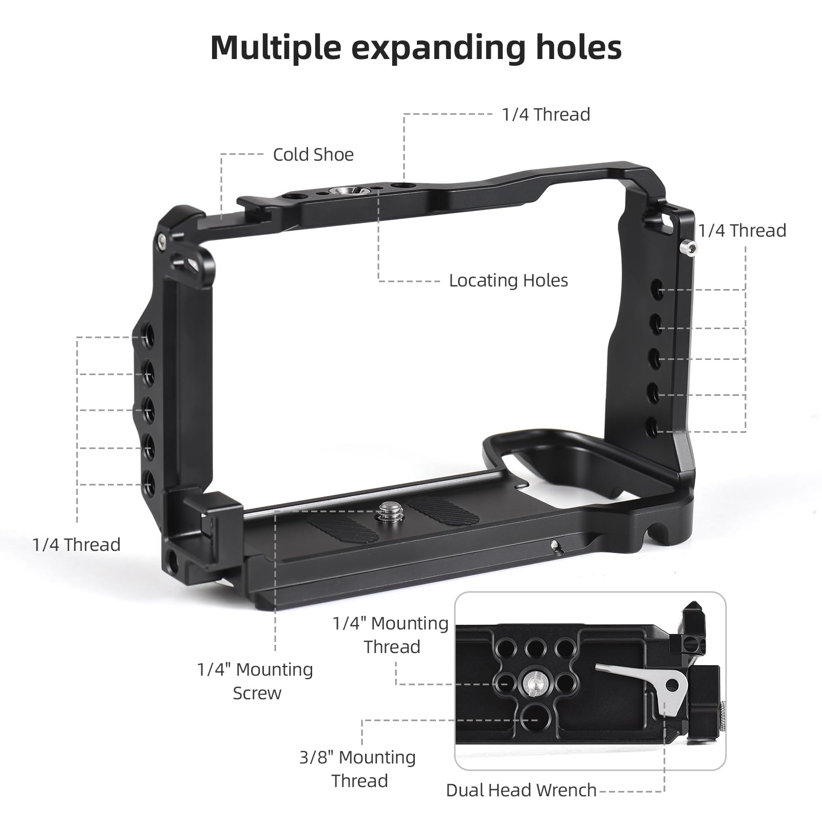 Andoer Camera Cage Video Cage Aluminum Alloy Camera Cage With Magnetic Key Slot Cold Shoe Holder Quick Release Slot Ark, Black
