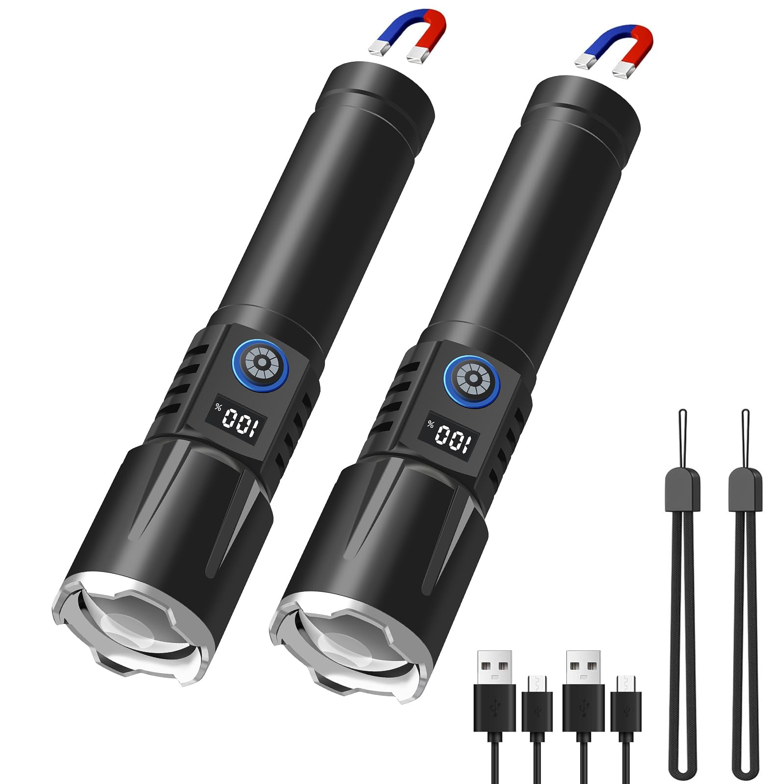 Bestsun 2 Pack Rechargeable Flashlights High Lumens, Magnetic Flashlight Super Bright Small Emergency Flash Light With Lcd Digital Power Display,5 Modes Zoomable Tactical Flashlight For Home Camping Hiking