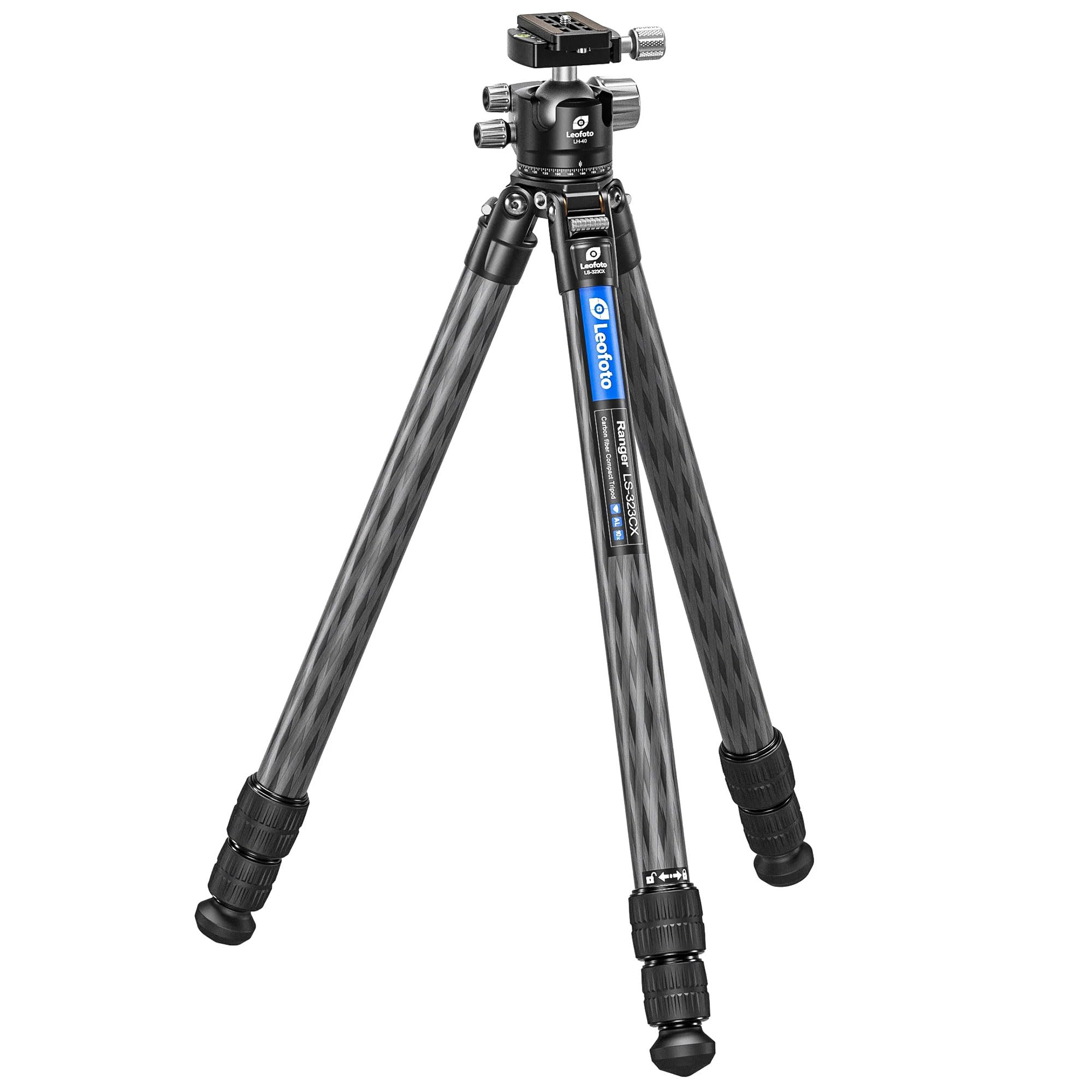 Leofoto Professional Camera Tripod, 63.4" Compact Carbon Fiber Tripod For Dslr Video Camcorder, 3 Leg Sections, 360° Ball Head, Max Load 20Kg/44Lb (Ls-323Cx+Lh-40)