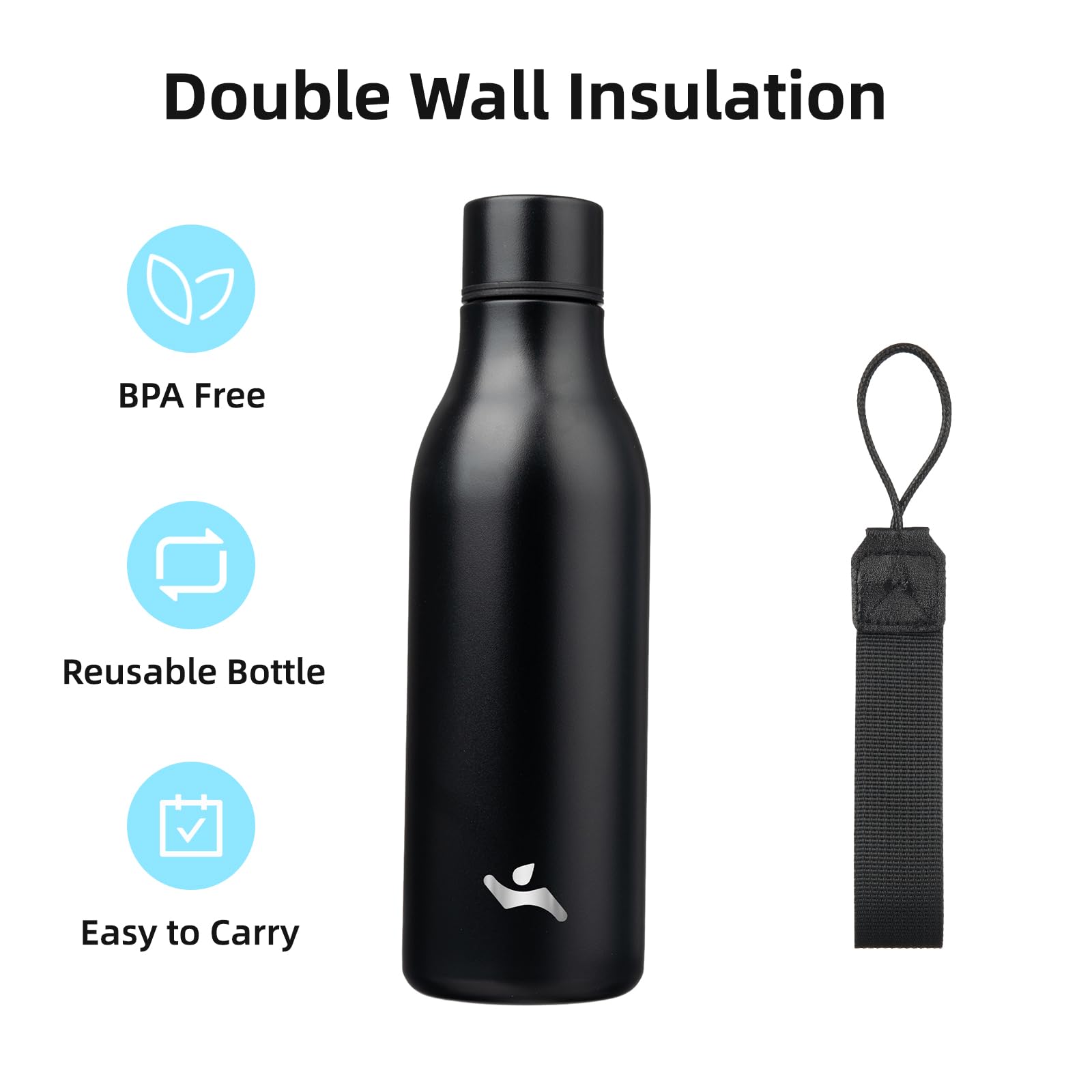Insulated Water Bottle With Strap,18 Oz Double Wall Stainless Steel Vacuum Bottles Metal Water