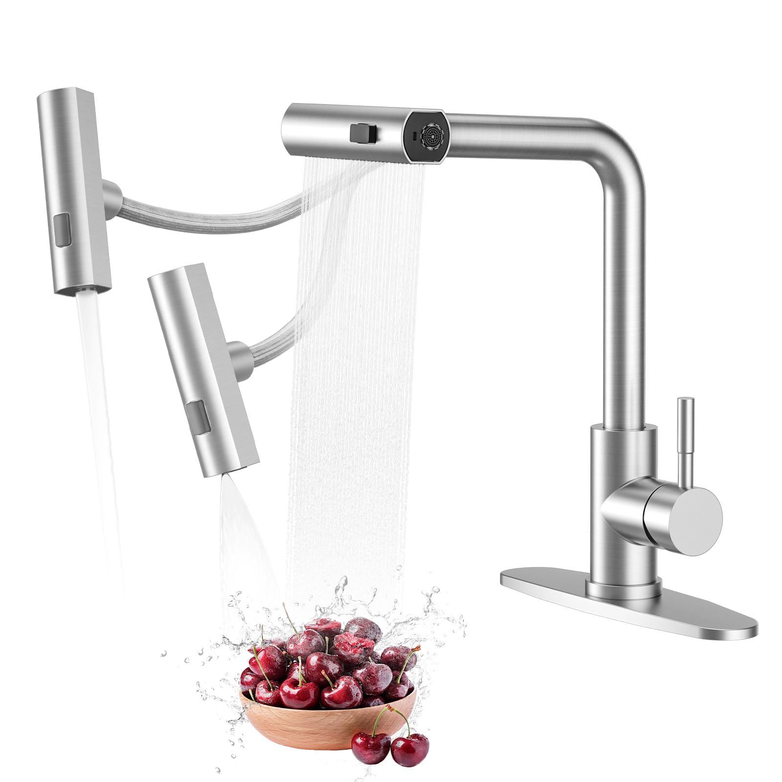 Iviga Waterfall Kitchen Sink Faucet With Sprayer: 3 Modes(Waterfall/Stream/Sweep) Pull Down Sprayer - Brushed Nickel Splash Proof Sink Faucet - Swivel Waterfall Kitchen Faucet For Wash Vegetable Fruit