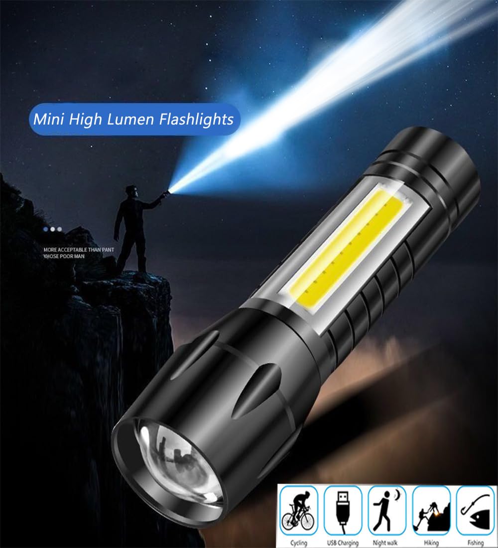 Clezgo Rechargeable Flashlights High Llumens Led-Mini Usb Rechargeable Flashlight For Home 3 Modes Adjustable Focus Portable Waterproof Flashlight With Cob Side Lights (1Pack)