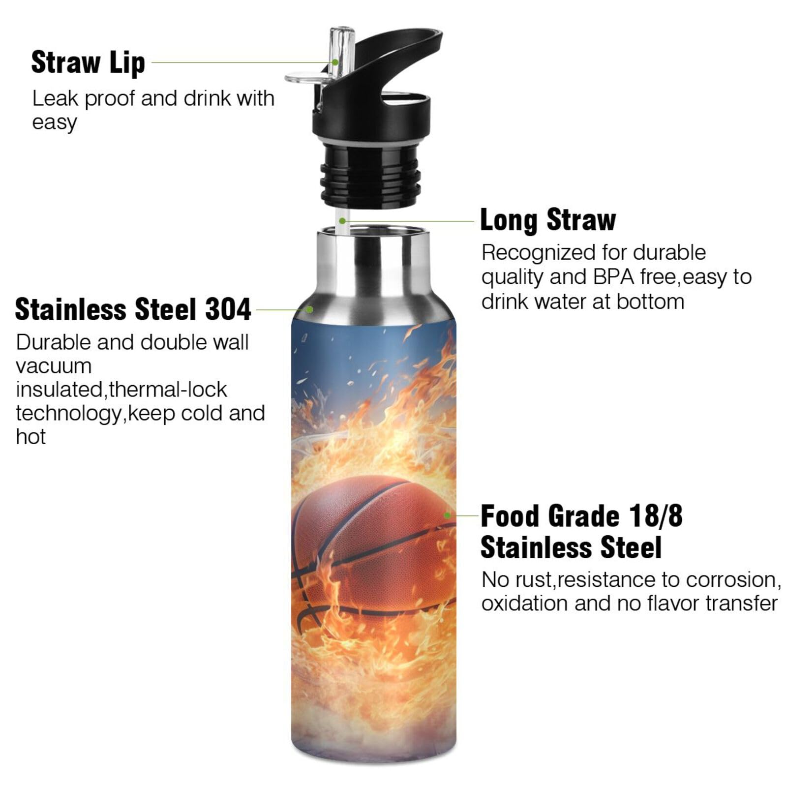Water Bottle With Straw Lid Leak Basketball With Snow And Fire Stainless Steel Metal Double Wall