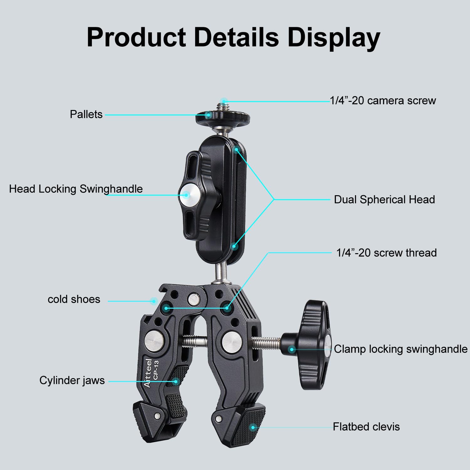 Aitteel Super Clamp Magic Arm, Dual Ball Head, Expandable Cold Shoe 1/4 3/8 Threaded For Desktop, Tripod, Outdoor, Railing, For Cameras, Sports Cameras, Dslrs, Cell Phones, Gopro, Microphones Monitors, Leds