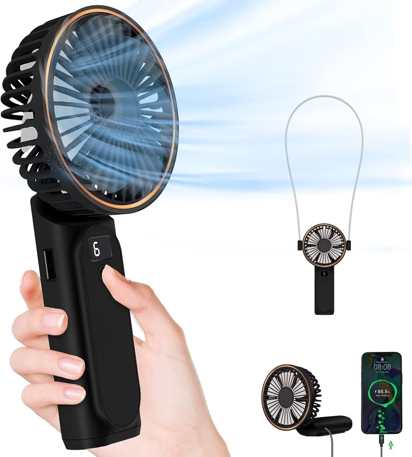 Portable Handheld Fan, 4000Mah, 180 Adjustable, 6 Speed Wind, Display Electricity In Real Time, Usb