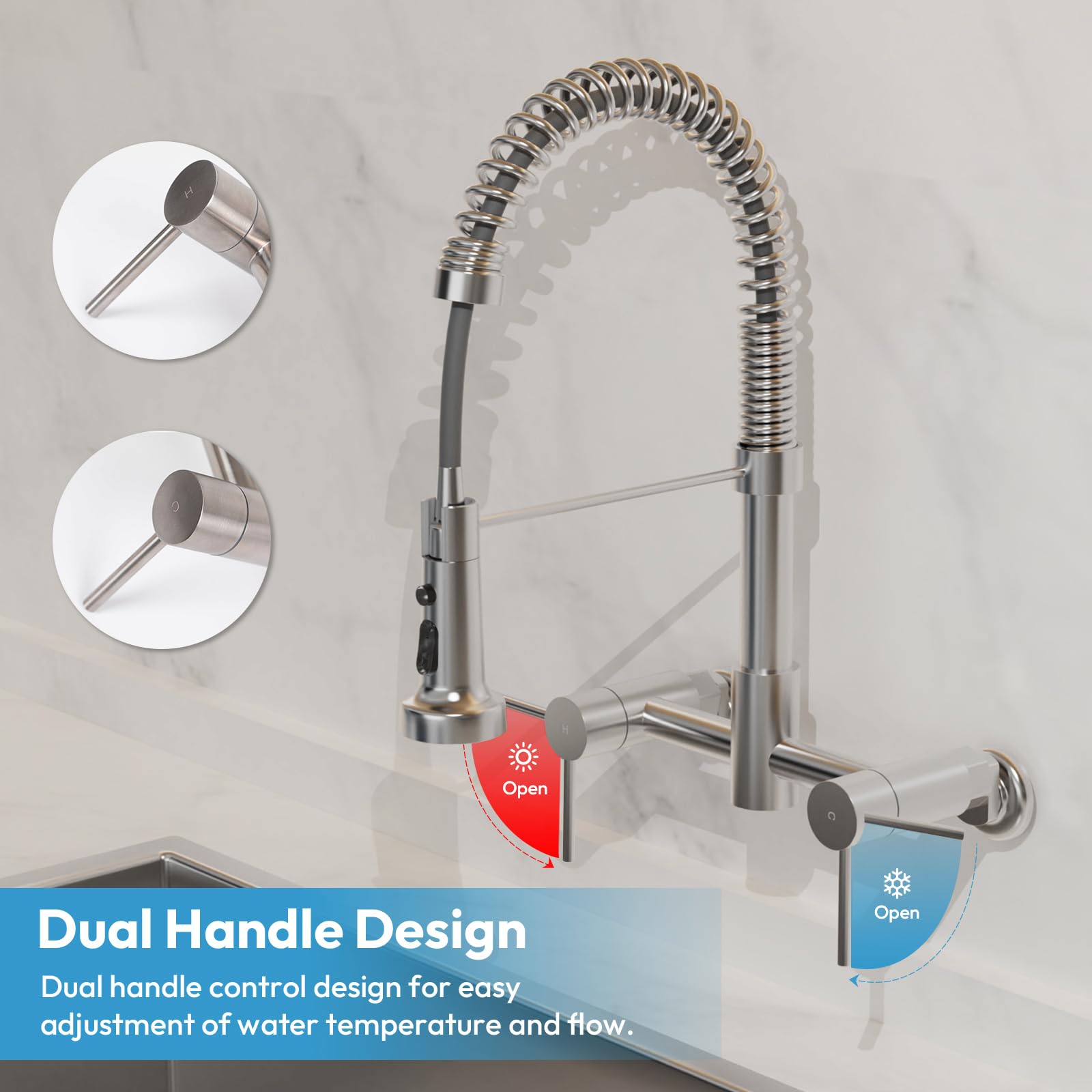 Besdor Wall Mount Kitchen Faucet, 8 Inch Center Wall Mount Faucet With Pull Down Sprayer, Commercial Spring Wall Faucet For Kitchen Sink, 3 Functions, Dual Handle, 304 Stainless Steel, Brushed Nickel