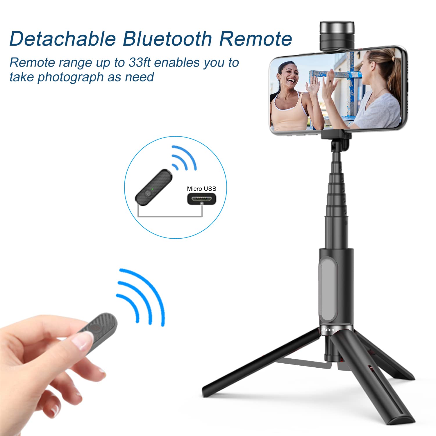 Ailun Selfie Stick Tripod,Extendable Aluminum,3 In 1,Bluetooth Wireless Remote And 360 Rotation Stand For Iphone 16/15/14/13/12/11/11 Pro/Xs Max/Xs/Xr/X/8/7 And More Smartphones