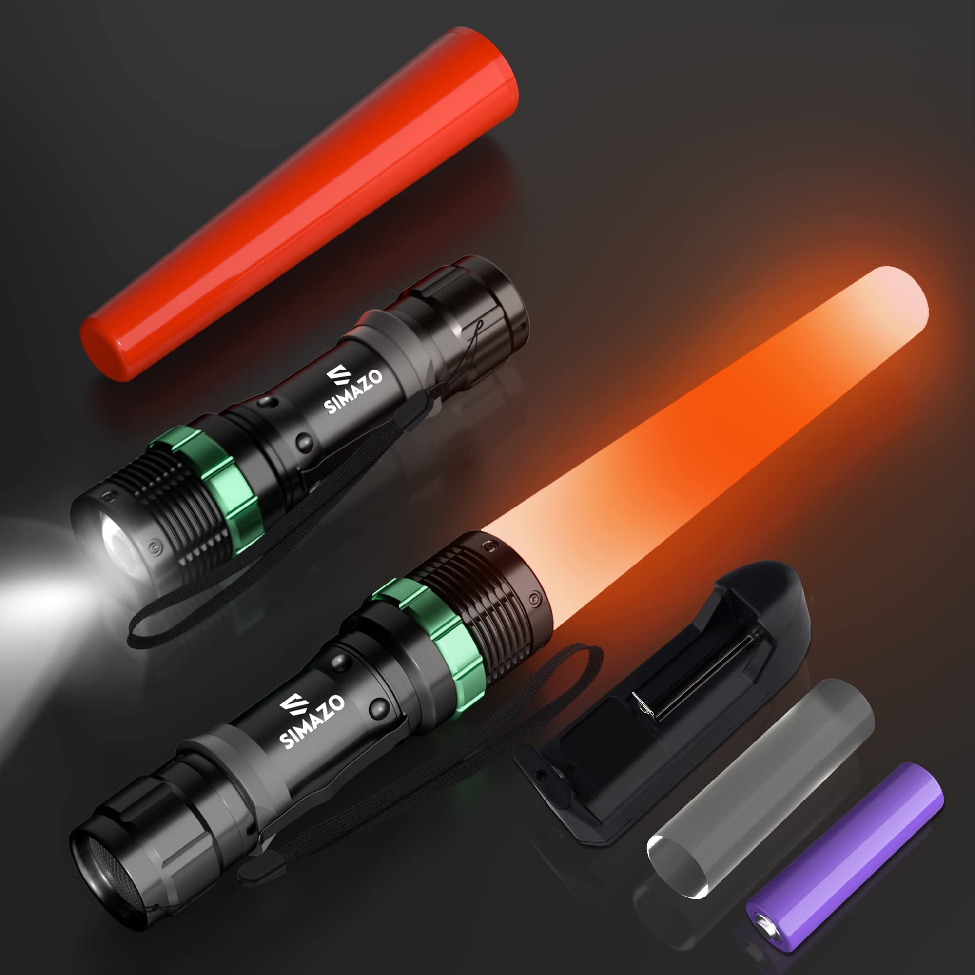 Simazo 2 Pack Rechargeable Traffic Wand, 11 Inch Bright Led Flashlight Baton With 2 Batteries, Air Control Wands With 5 Flashing Modes For Marshalling And Traffic Control