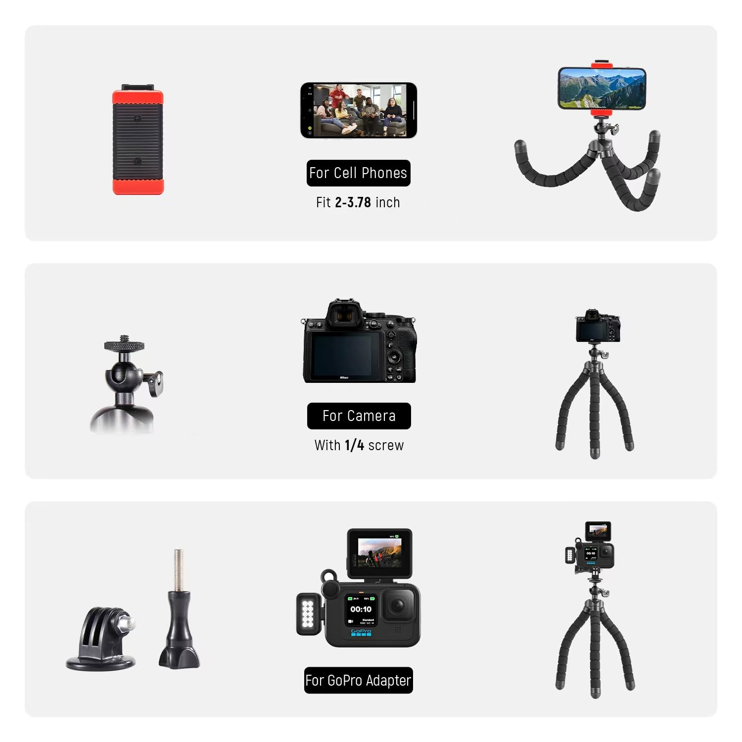 Aitteel Portable Flexible Cell Phone Tripod, Mini Travel Camera Stand, Compatible With Iphone, Android, Gopro, Black