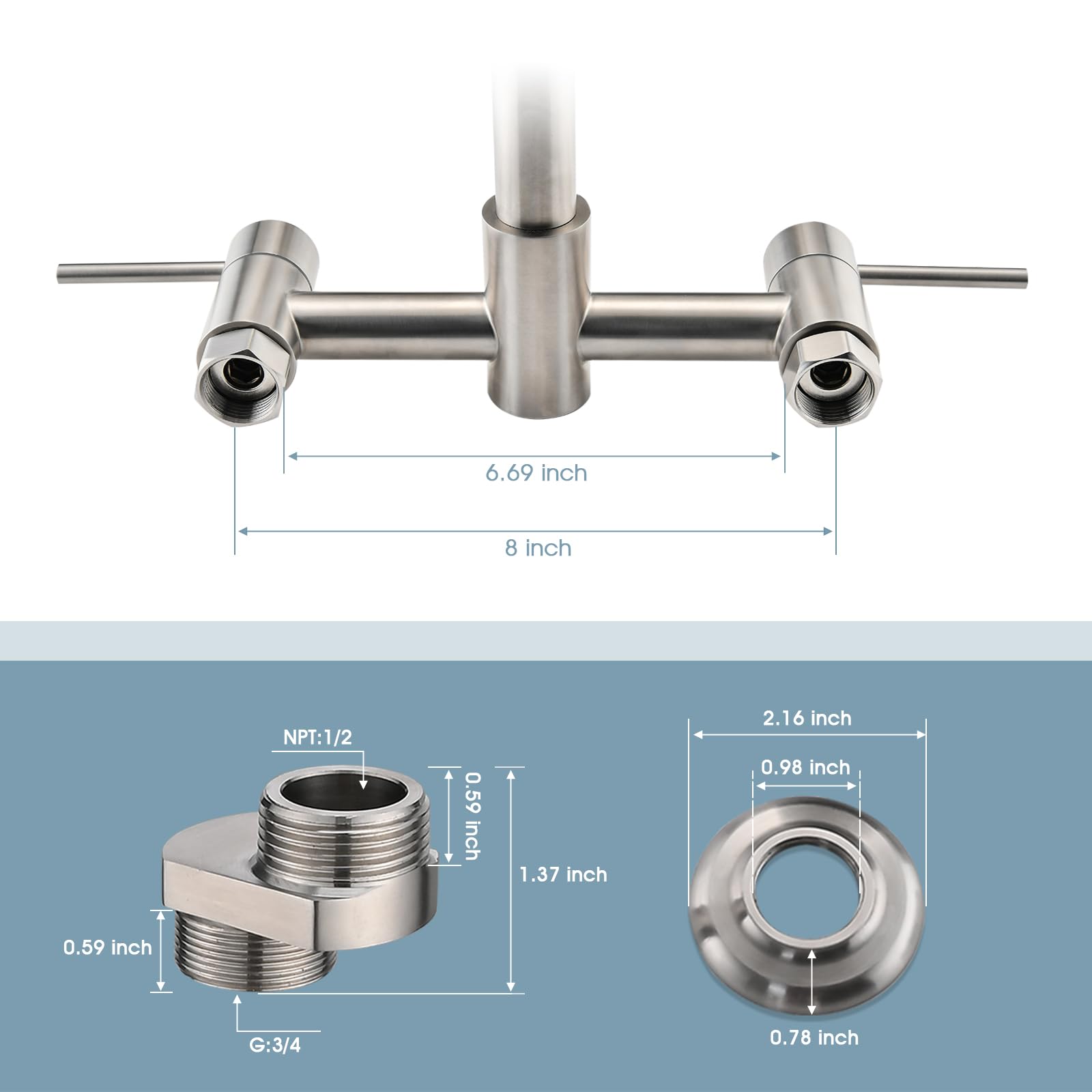 Demiinus Wall Mount Kitchen Faucet With Pull Down Sprayer, 8 Inch Center Commercial High Arc Kitchen Sink Faucet, 2 Handle Wall Mount Faucet For Kitchen Sink, Brushed Nickel