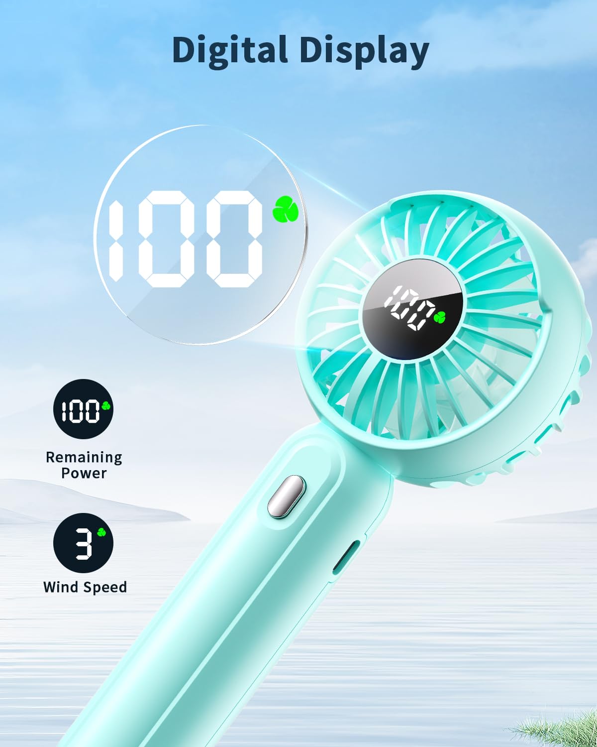 Handheld Fan With 𝗪𝗶𝗿𝗲𝗹𝗲𝘀𝘀 Charging Base, 3 Speeds Portable Fan With Digital Display