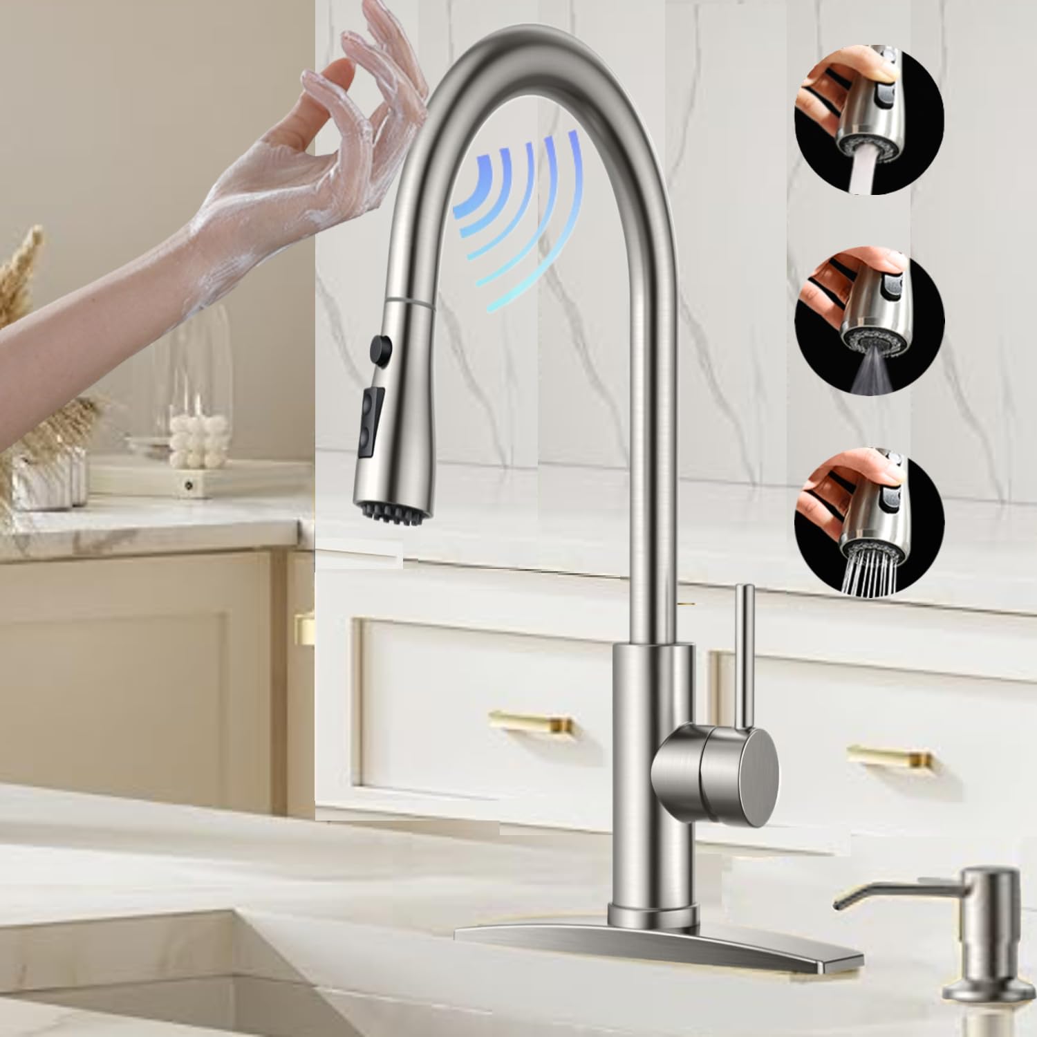 Videc Smart Touch On Kitchen Faucet, 3 Modes Pull Down Sprayer, Sensor Activated, Ceramic Disc Valve, 360-Degree Rotation, 1 Or 3 Hole Deck Plate. 5-Year . (Kw-69Sn, Brushed Nickel)