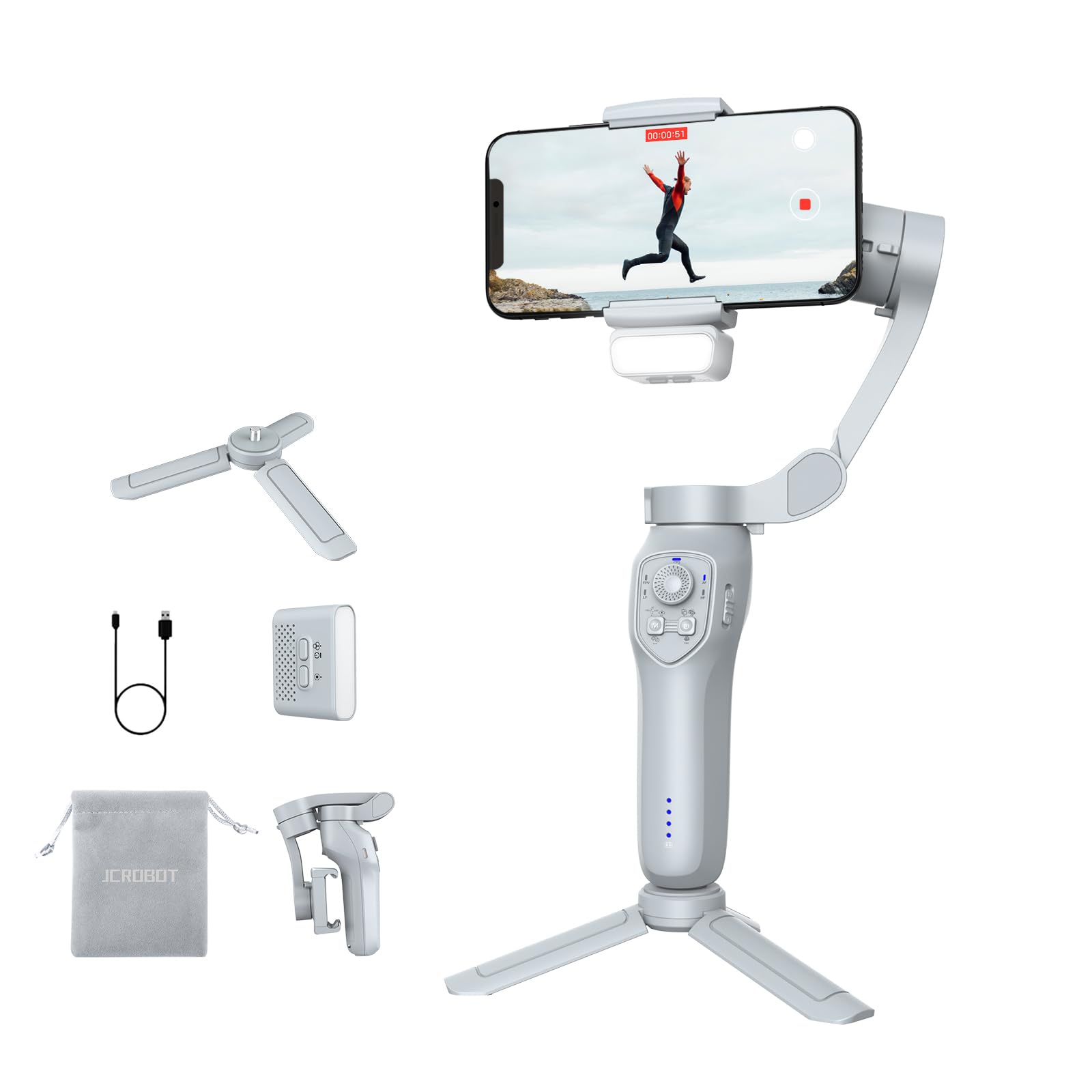 Jcrobot Isleeky L7C Plus 3-Axis Phone Gimbal Stabilizer With Adjustable Fill Light For Smartphone Video Recording, Android & Iphone, Tiktok Youtube Vlogging Kit