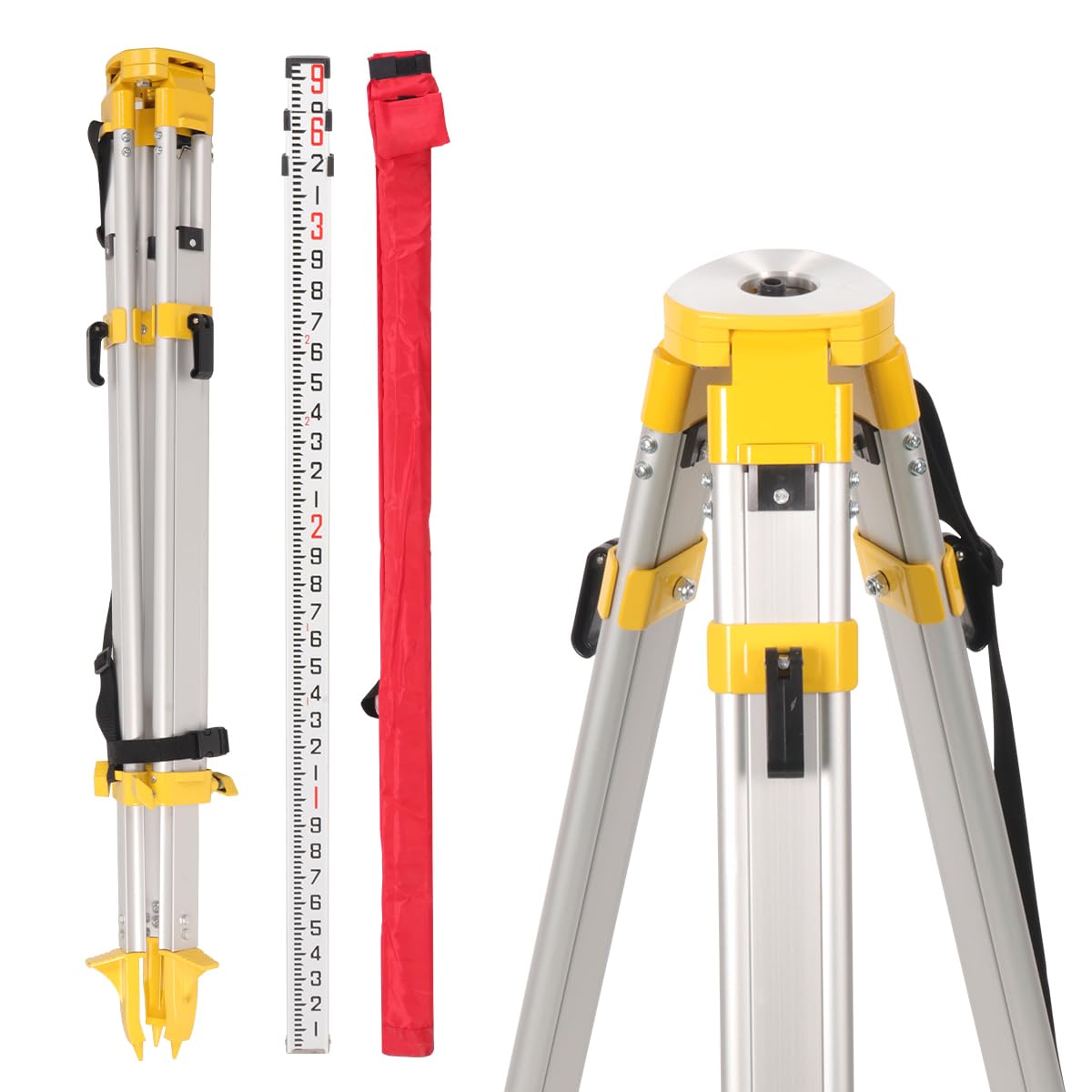 Dmiter Surveying Tripod 62.2"/1580Mm Extended Height And 9-Feet/10Ths 30.7"/780Mm Aluminum Grade Rod, 5/8” X 11 Thread For Precise Transit Construction Measurement Land Surveying