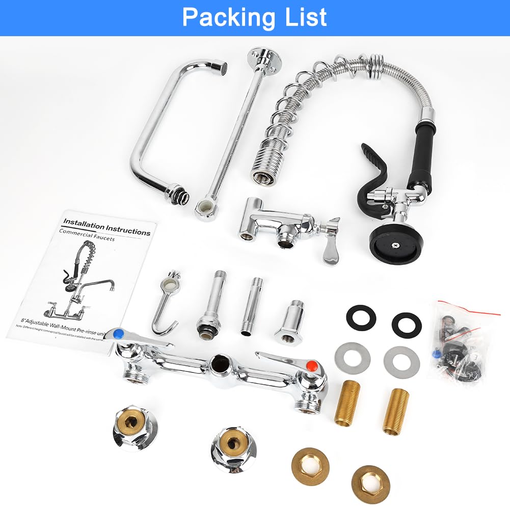 Tnroted 8 Inch Center Commercial Faucet With Sprayer 20" Height Wall Mount Commercial Kitchen Faucet With 8” Swing Spout For 1/2 Compartment Sink/Home Kitchen/Restaurant Sink