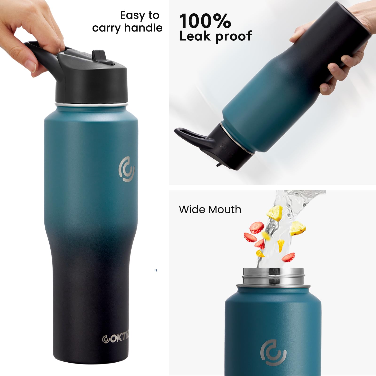 Coktik Water Bottle Insulated, 32 Oz Water Bottles Straw Lid, Spout Lid, Cold For 36 Hrs