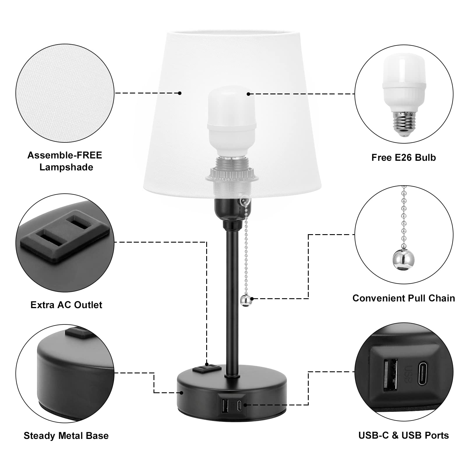 Acaxin Bedside Lamps For Bedrooms, Set Of 2, Mini Nightstand Lamp For Kids With 3 Color Modes 2700K-5000K, Small White Lamp With Usb C+A Charging Port And Ac Outlet For Side Table