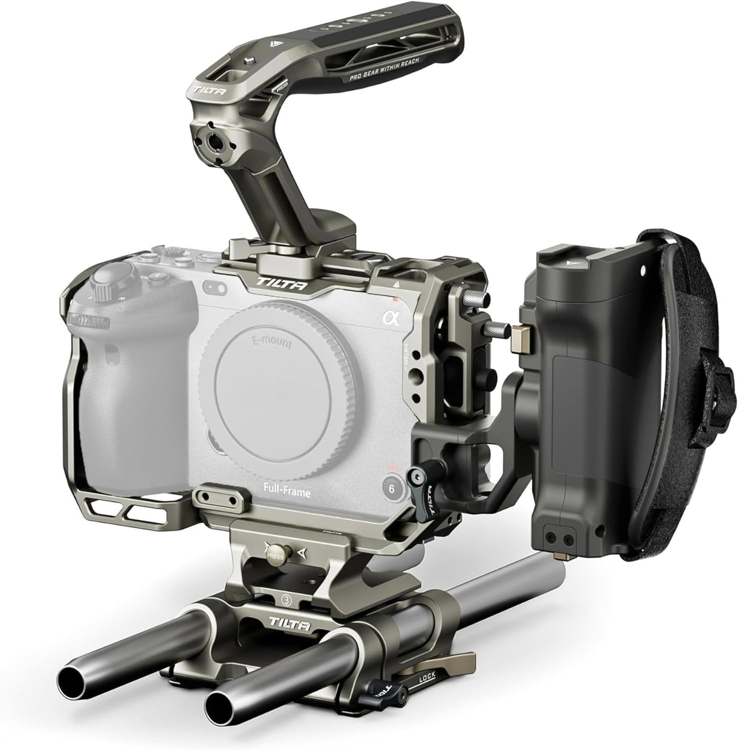 Tilta Camera Cage Pro Kit For Fx3/Fx30 V2 Top Plate Nato Rail, Cold Shoe, 1/4"-20 And 3/8"-16 Includes Cage, Top Handle, Side Handle, Baseplate Titanium Gray