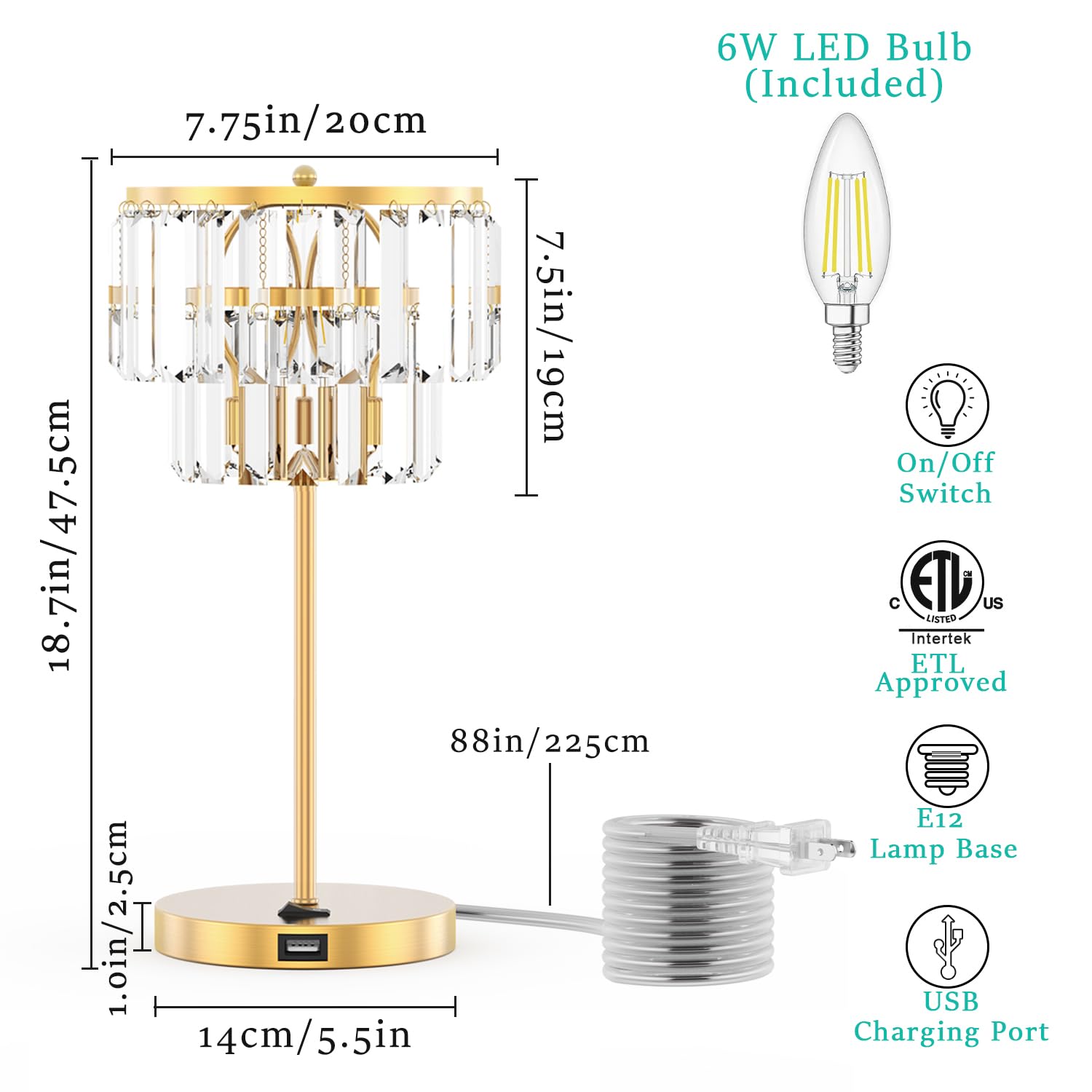 Doraloko Bedside Lamp For Bedroom, Gold Crystal Table Lamp 18 Inches, Tiffany Clear Crystal Drops, Usb Charging Port, E12 Socket, 6W Led Bulb Included, Golden Decorative Desk Light(1 Pack, Brass Finish)
