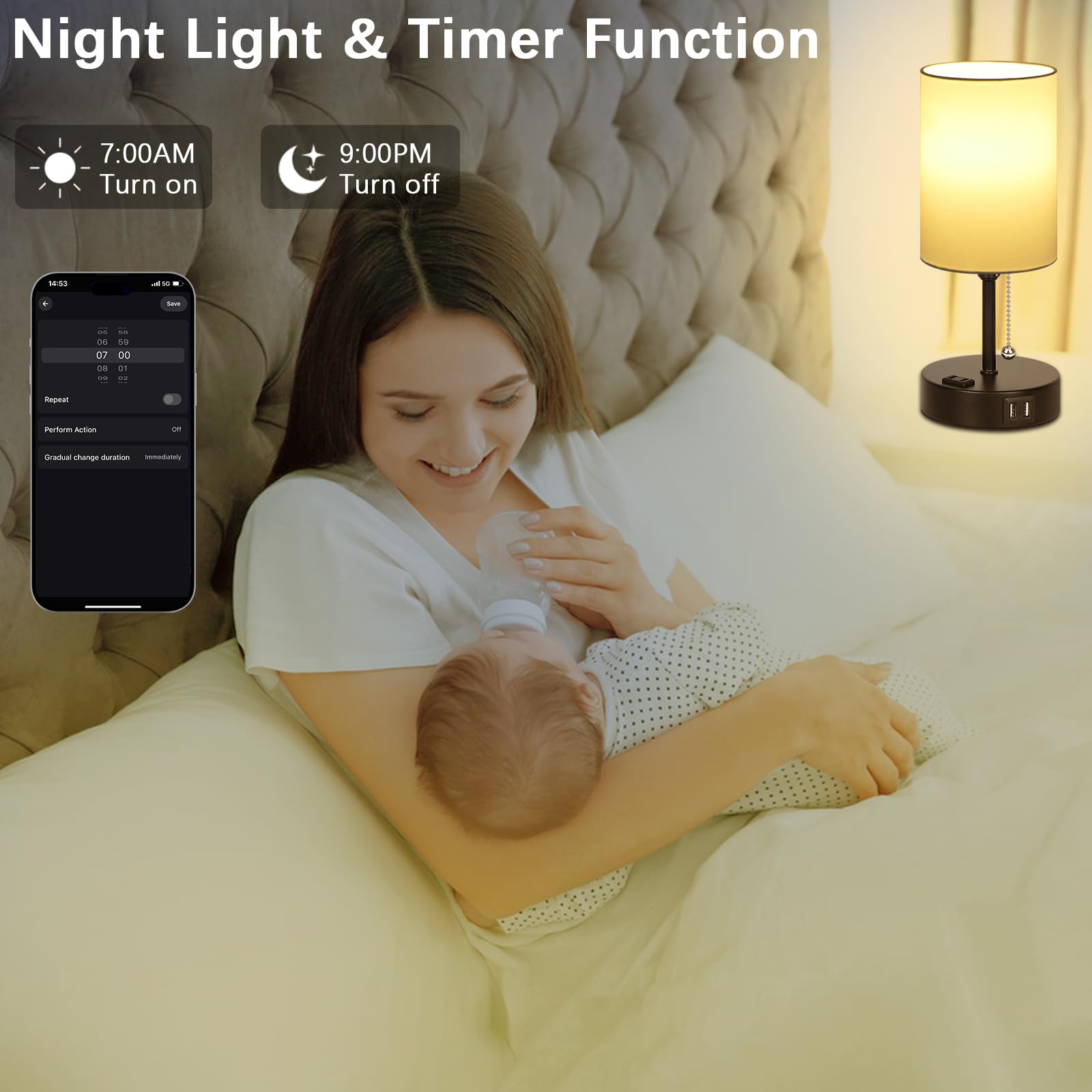 Abboraunt Rgb Smart Bedside Lamp For Bedroom Nightstand Lamp With 2 Usb Port And Outlet, Color Changing Bed Table Lamp With Voice & App Control & Music Sync, Night Stand Wifi Rgb Led Bulb Included