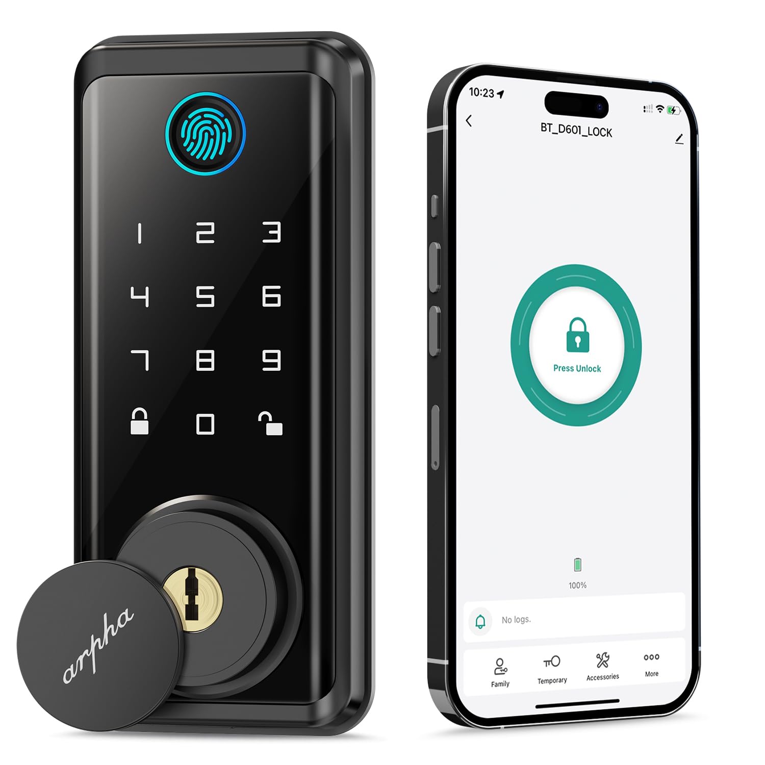 Arpha Fingerprint Keyless Entry Door Lock - 100 Code Electronic Keypad Deadbolt Lock - Smart Door Locks For Front Door - 16 Anti-Peeking Passwords App Remote Control - One Time Code - Zinc Alloy