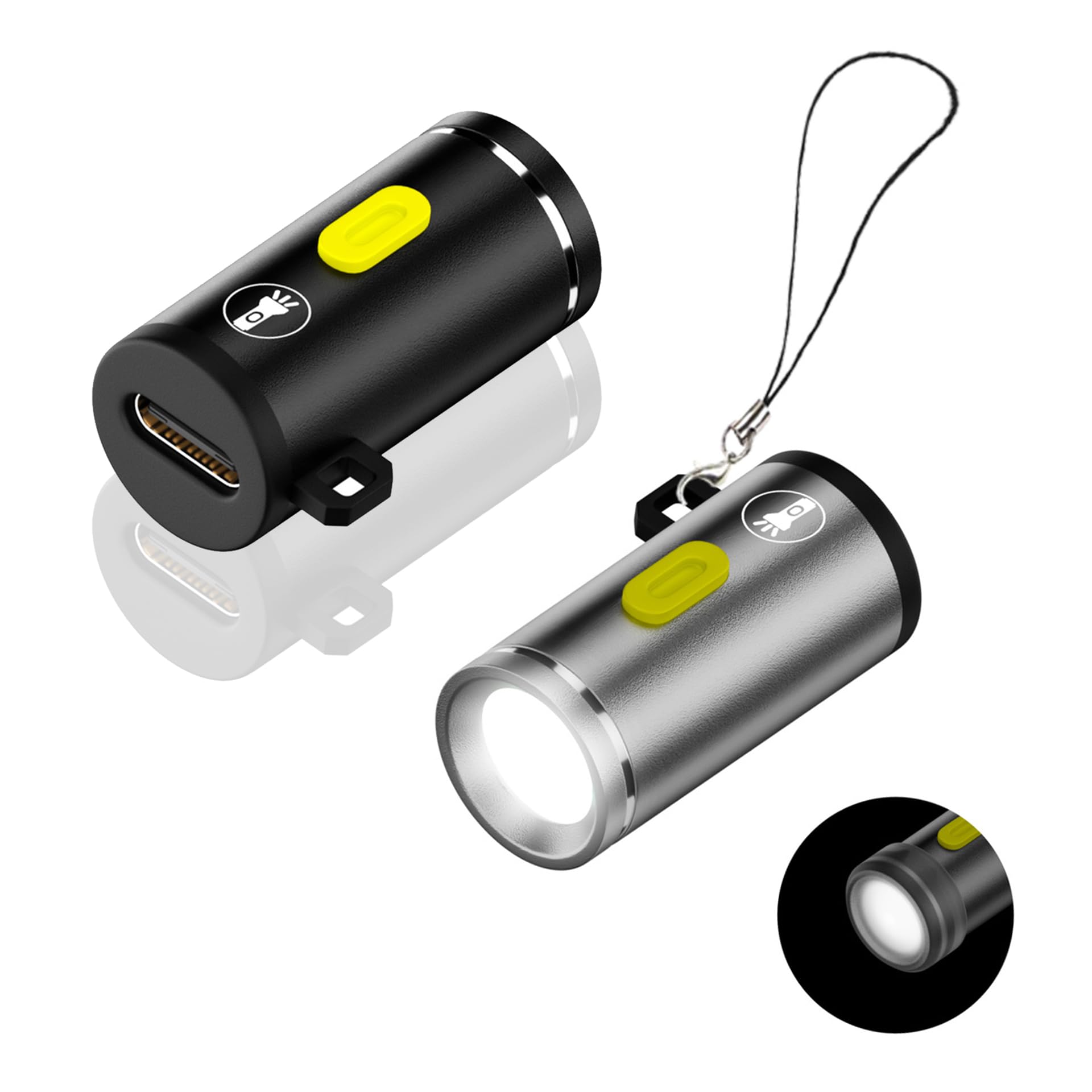 Fastelectric Usb C Mini Glare Torch Usb Type C Emergency Llluminated Lamp, 5V 1W, Aluminium Alloy, Shell With Keychain Lanyard, For Camping Outdoor, 2Pcs
