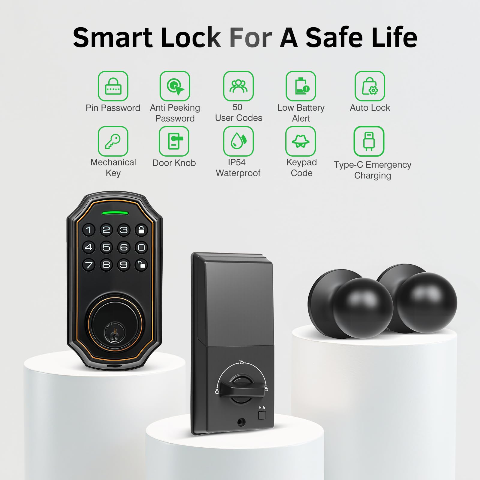 Subpot Smart Keyless Entry Door Lock With 2 Knobs,Front Door Lock Handle Set,Electronic Digital Keypad Deadbolt,Auto Lock,50 User Codes,Voice Prompts,Anti-Peeking Password,Home, Apartment,Satin Nickel