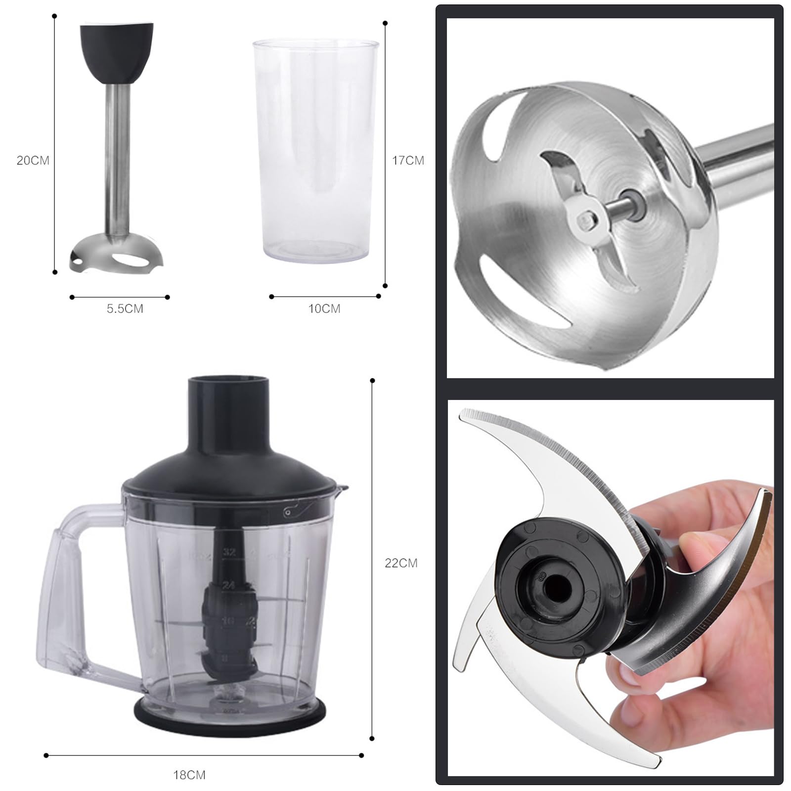 Uniqus Handheld Immersion Blender With 2-Speed Stirrers Electric Whisk Kitchen Essentials Set For Food Sauces Soups Includes Egg-Beater, Muddler, Cuisine Cup, Chopped Meat Bowl 4-In-1 Hand Blender